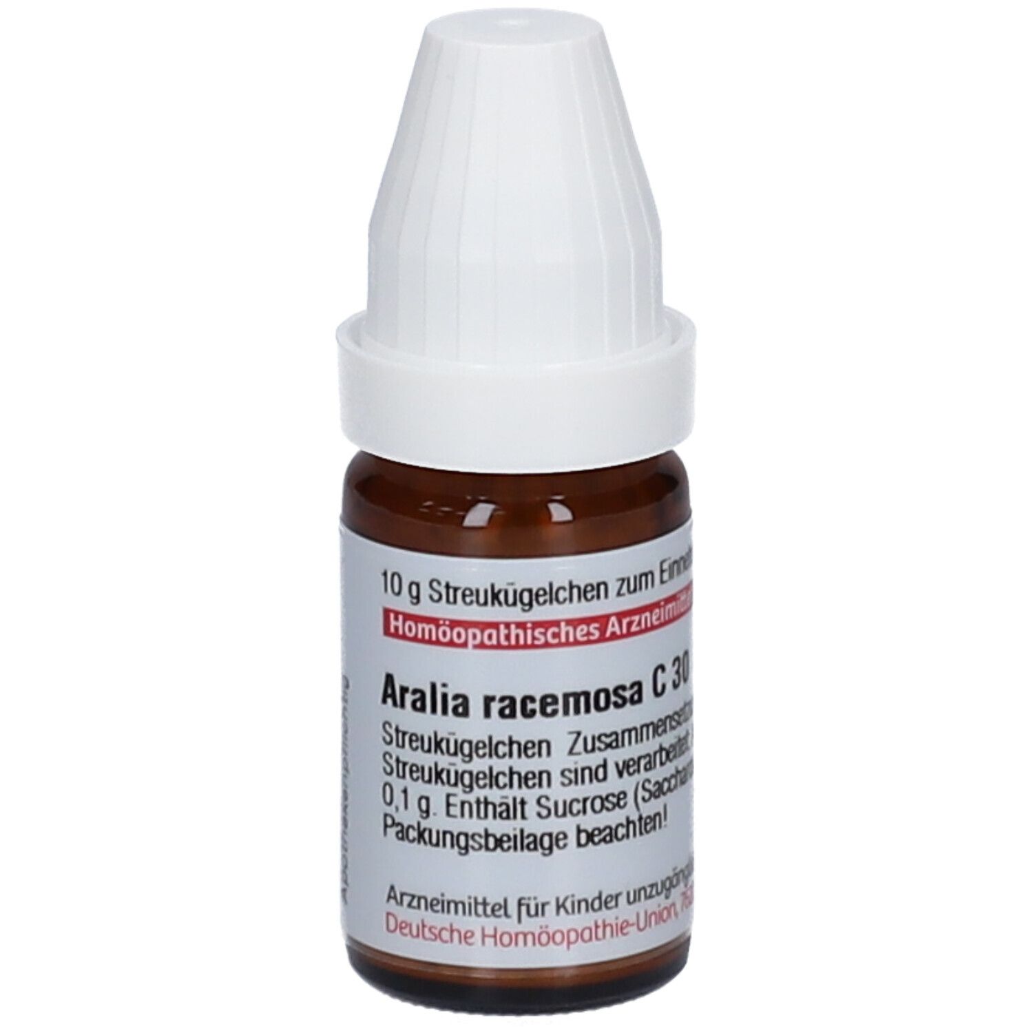 Braune Glasflasche mit weißem Deckel. Beschriftung: Aralia racemosa C 30. Homöopathisches Arzneimittel. DHU-Logo.