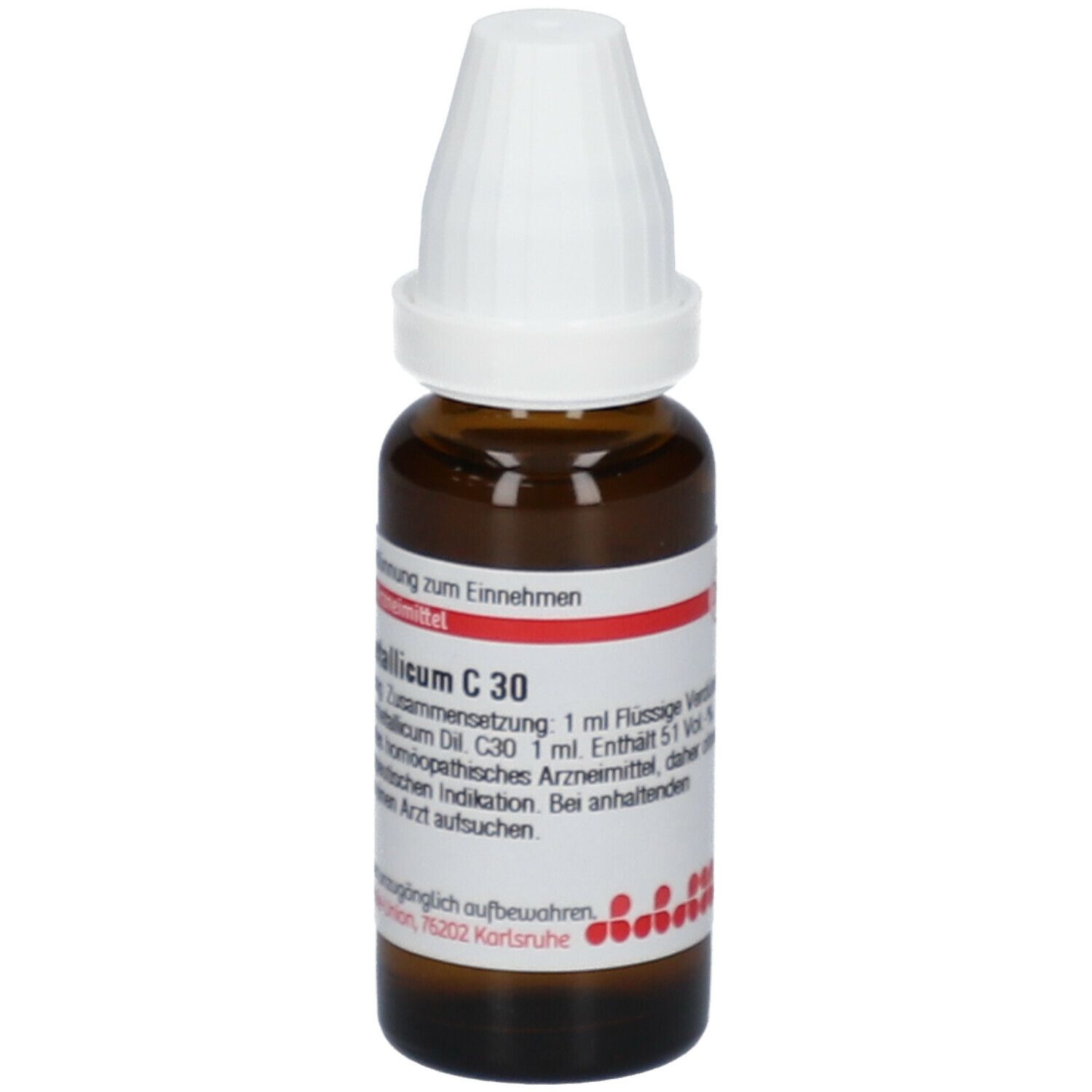 Braune Glasflasche mit weißem Verschluss. Etikett mit Text: Argentum metallicum C30, 20 ml Flüssige Verdünnung.