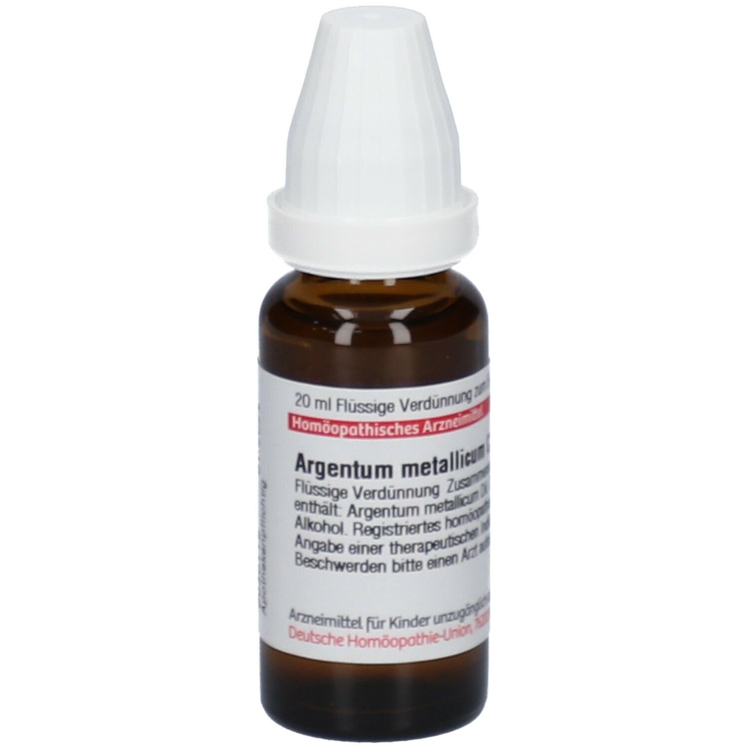 Braune Glasflasche mit weißem Verschluss. Etikett mit Text: Argentum metallicum C30, 20 ml Flüssige Verdünnung.