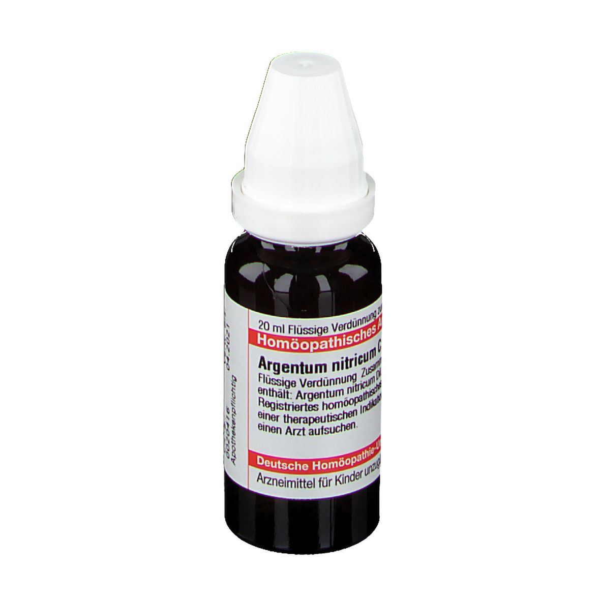 Braune Tropfflasche mit weißem Verschluss. Etikett mit Text: Argentum nitricum C6, 20 ml Flüssige Verdünnung.