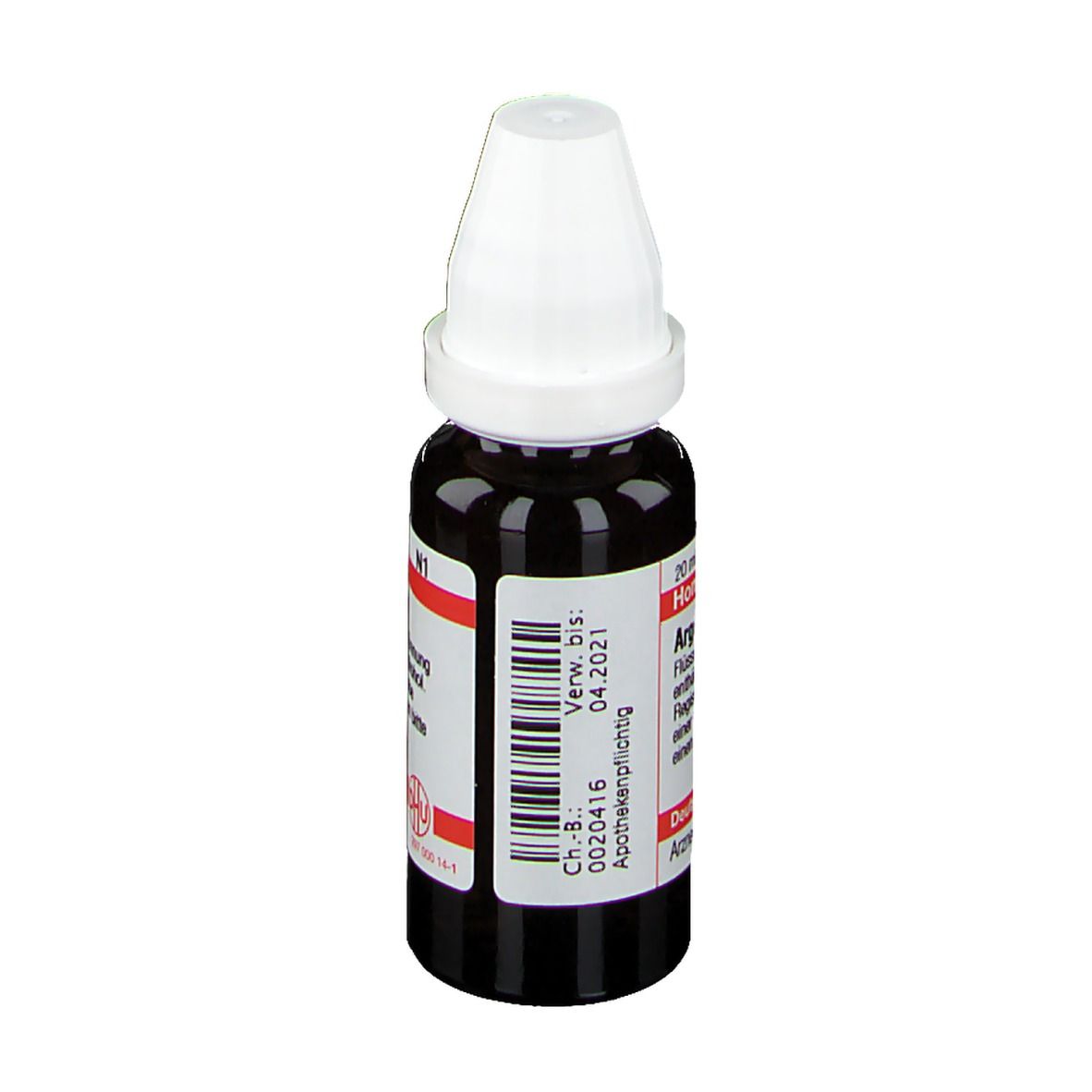 Braune Tropfflasche mit weißem Verschluss. Etikett mit Barcode und Verfallsdatum 04.2021.