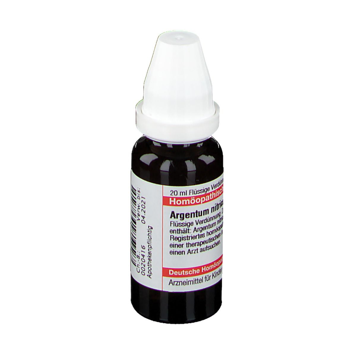 Braune Tropfflasche mit weißem Verschluss. Etikett mit Text: Argentum nitricum C6, 20 ml Flüssige Verdünnung, Verfallsdatum 04.2021.