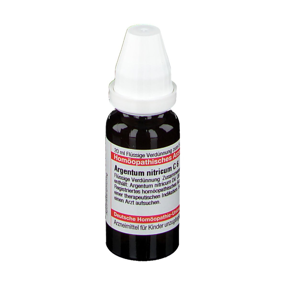 Braune Tropfflasche mit weißem Verschluss. Etikett mit Text: Argentum nitricum C6, 20 ml Flüssige Verdünnung.