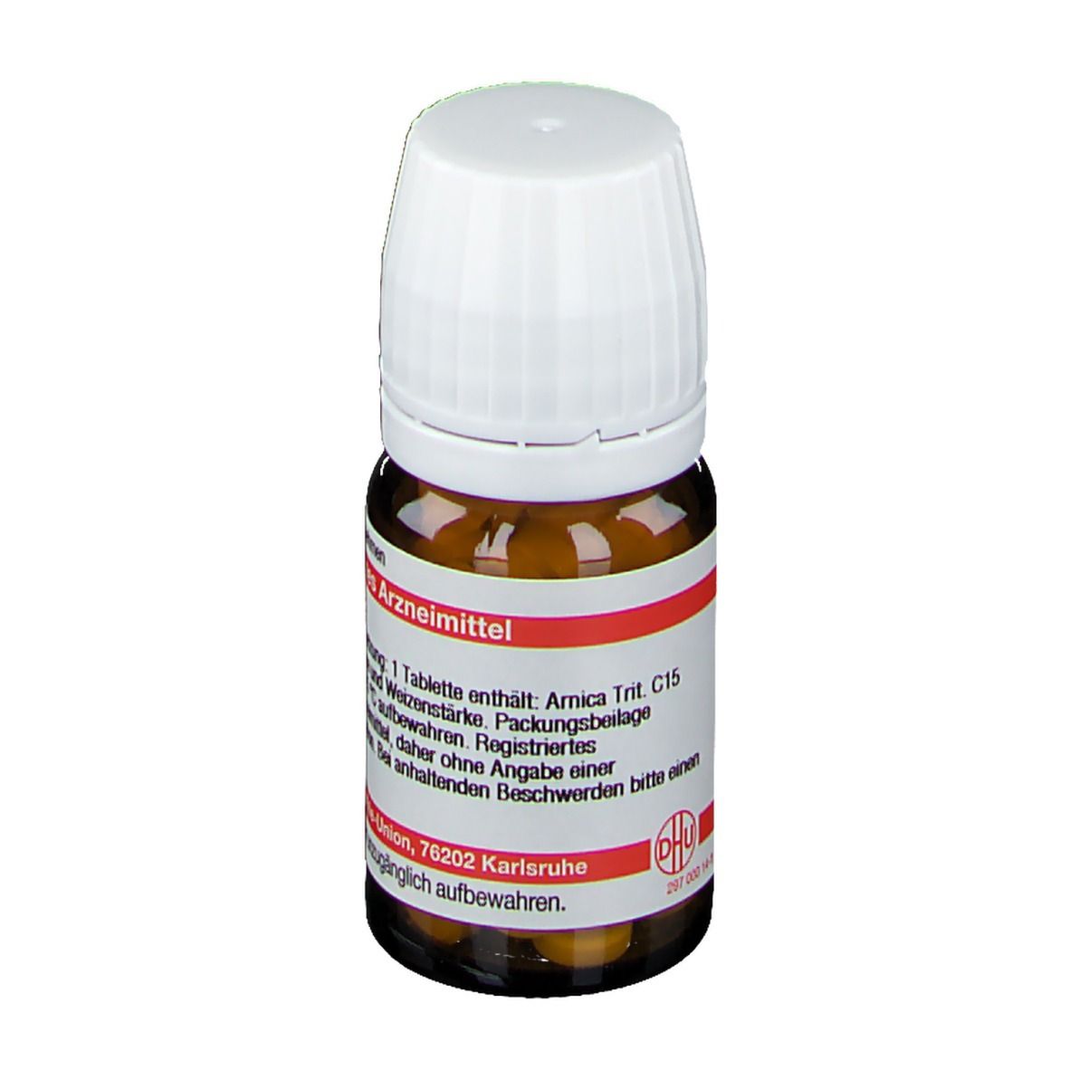 Braune Glasflasche mit weißem Deckel. Etikett mit Text: DHU Arnica C 15. Enthält Tabletten. Sichtbar sind Tabletten.