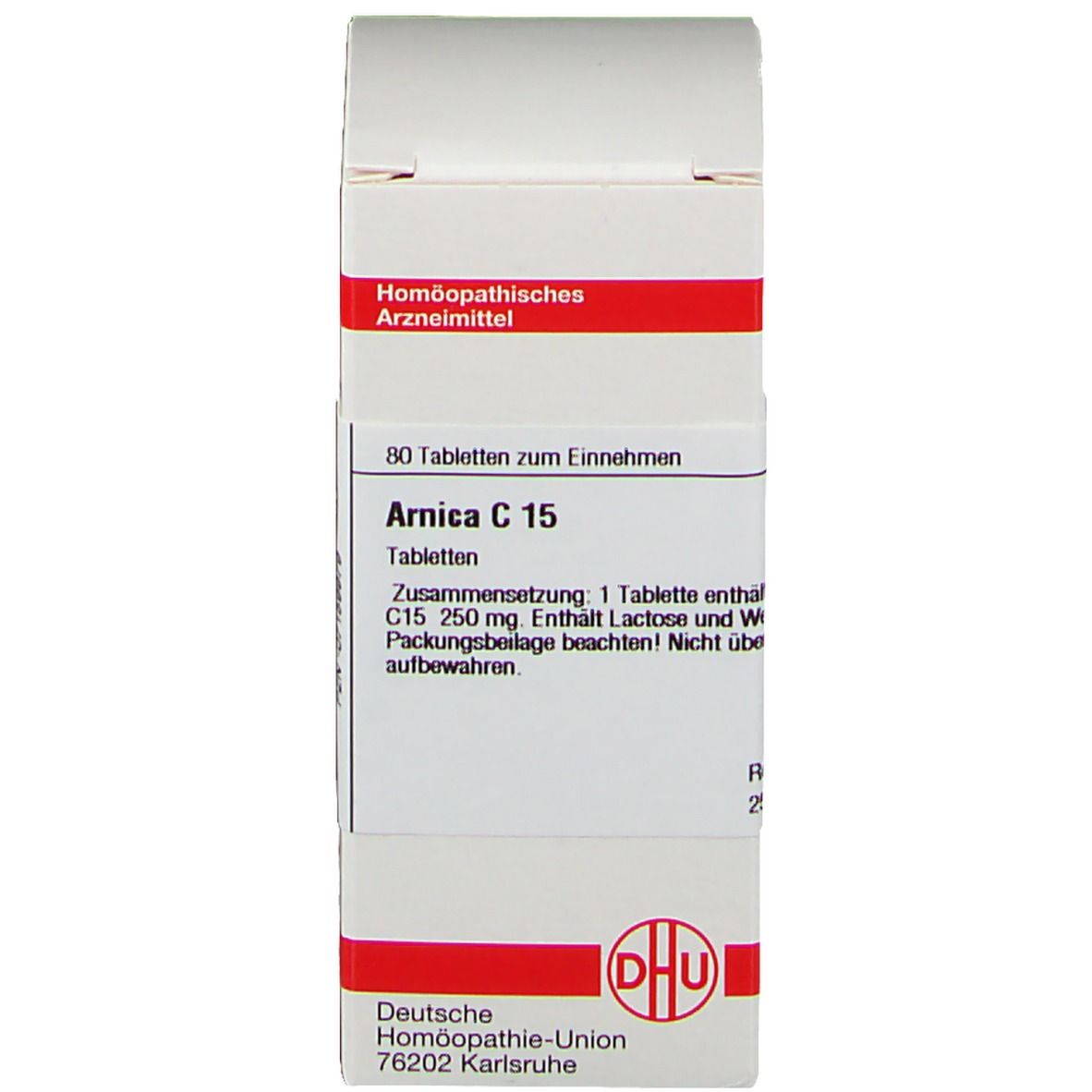 Karton mit Text: DHU Arnica C 15. 80 Tabletten. DHU Logo. Homöopathisches Arzneimittel.