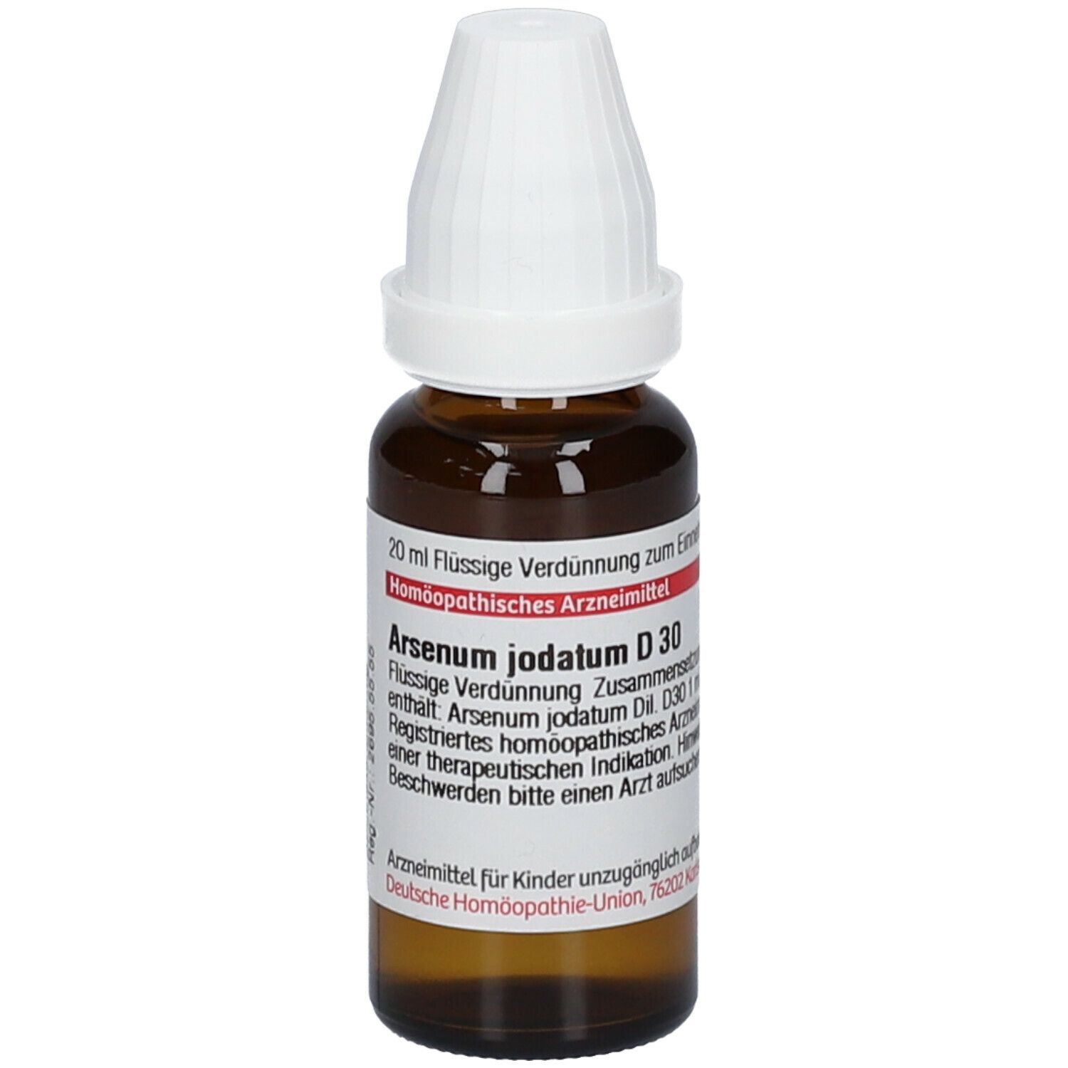 Braune Glasflasche mit weißem Verschluss. Beschriftung: DHU Arsenicum Jodatum D30, 20 ml Flüssige Verdünnung.