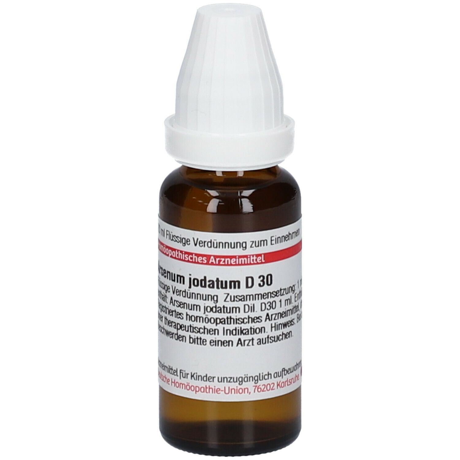 Braune Glasflasche mit weißem Verschluss. Beschriftung: DHU Arsenicum Jodatum D30, 20 ml Flüssige Verdünnung.