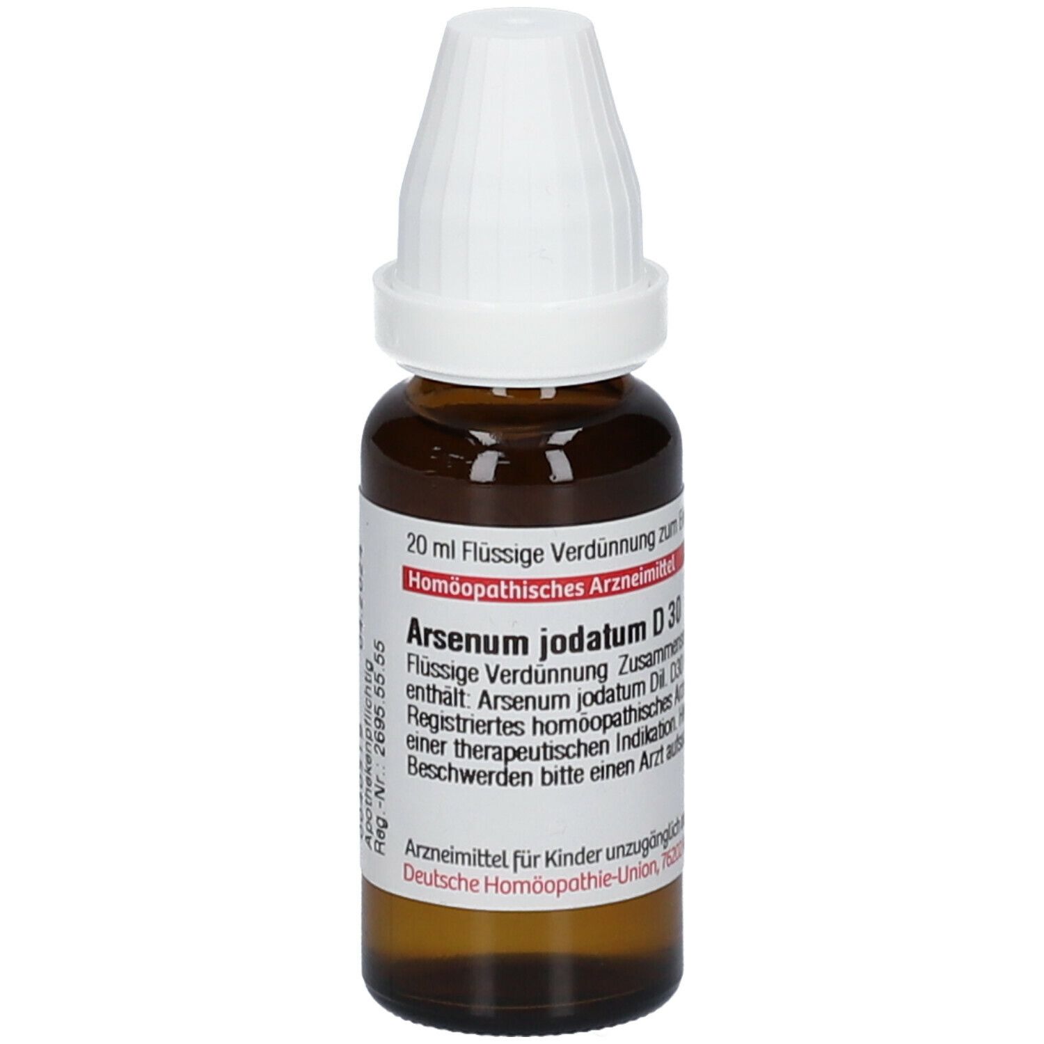 Braune Glasflasche mit weißem Verschluss. Beschriftung: DHU Arsenicum Jodatum D30, 20 ml Flüssige Verdünnung.