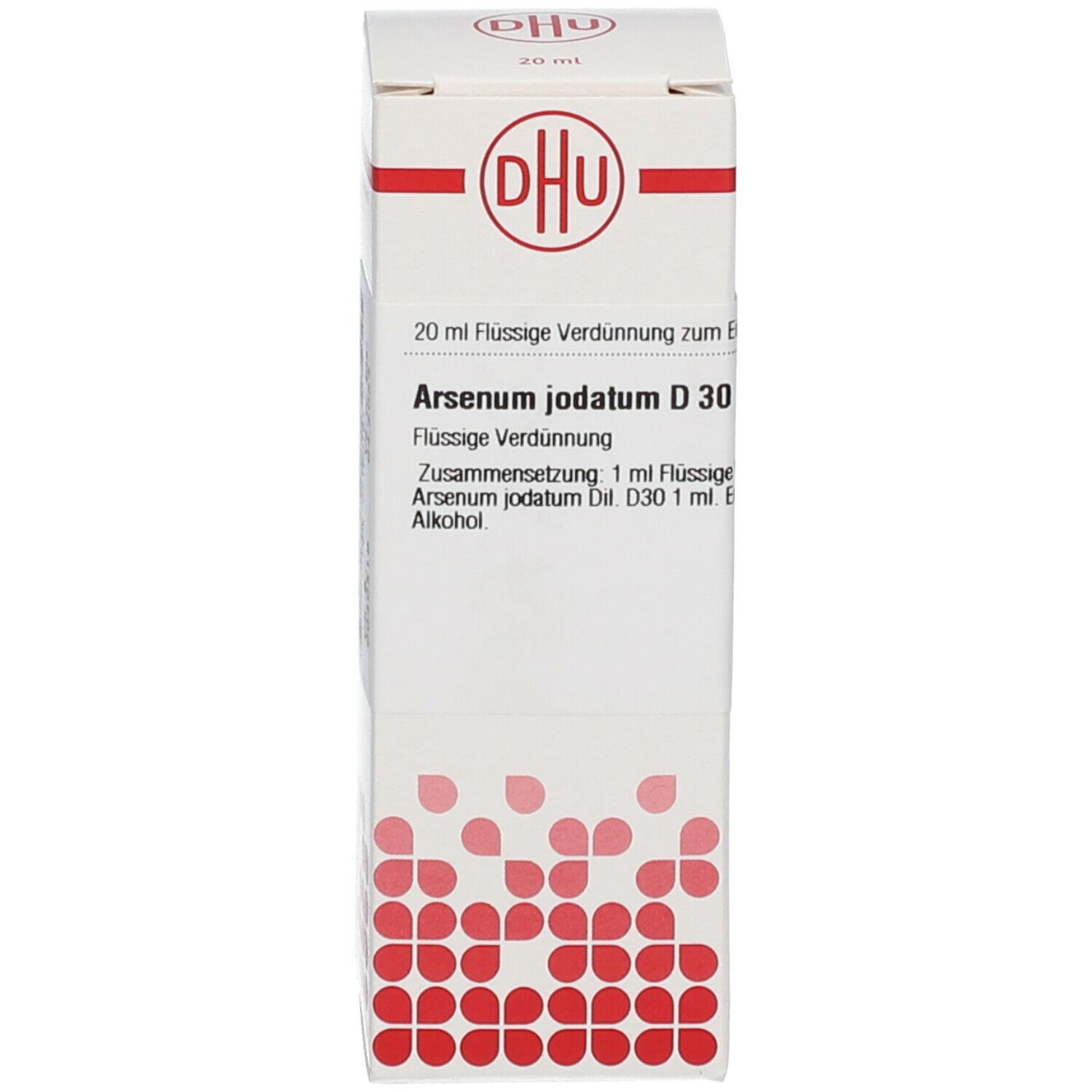 Produktverpackung. Karton mit DHU-Logo und Produktbezeichnung: DHU Arsenicum Jodatum D30, 20 ml Flüssige Verdünnung.