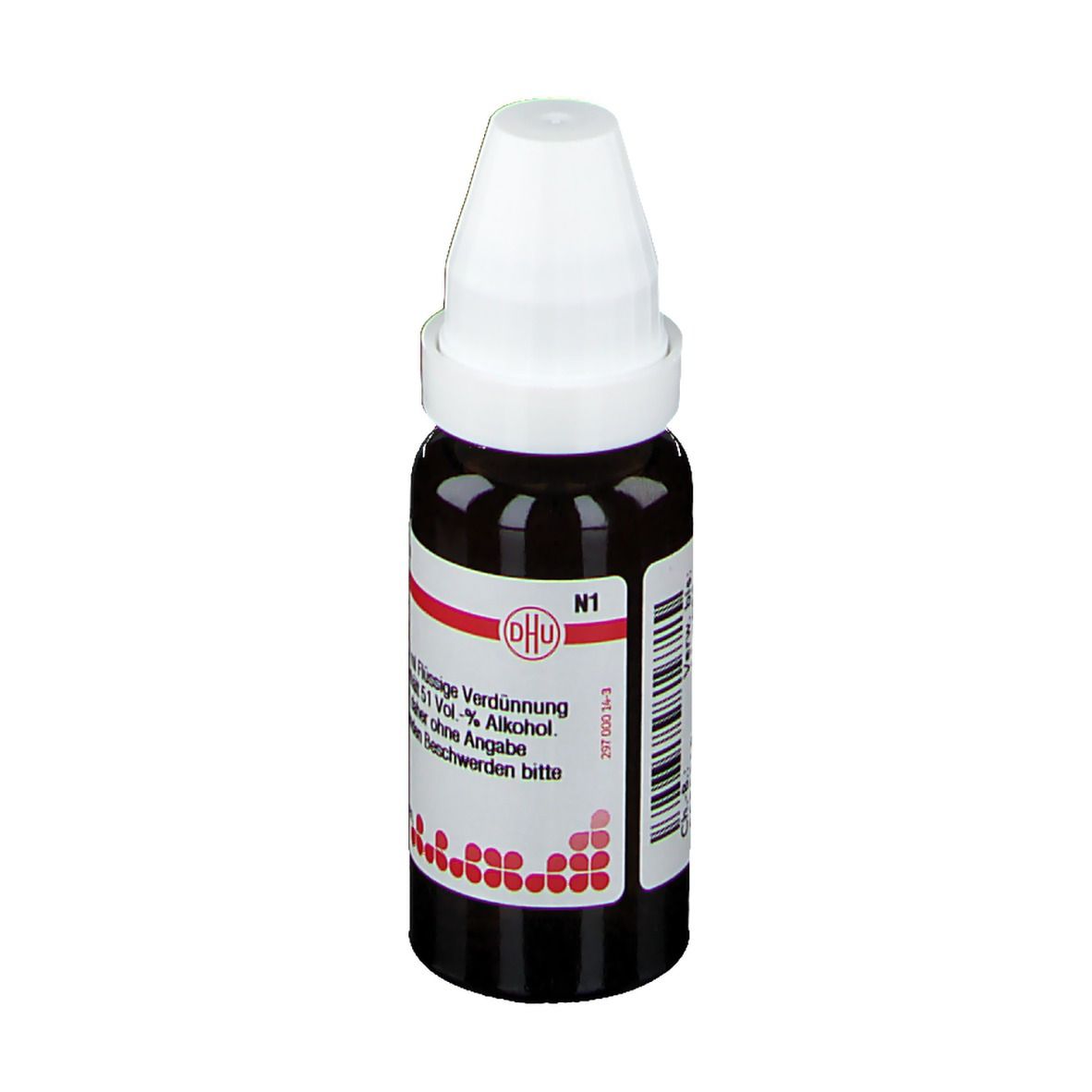 Braune Glasflasche mit weißem Verschluss. Etikett mit Produktinformationen. DHU-Logo. N1.