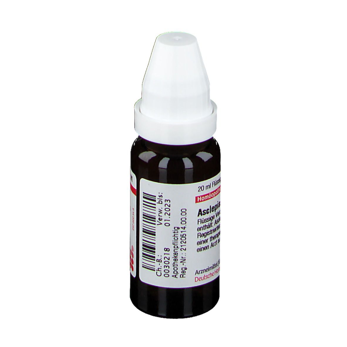 Braune Glasflasche mit weißem Verschluss. Etikett mit Produktinformationen. DHU Asclepias tuberosa D6.