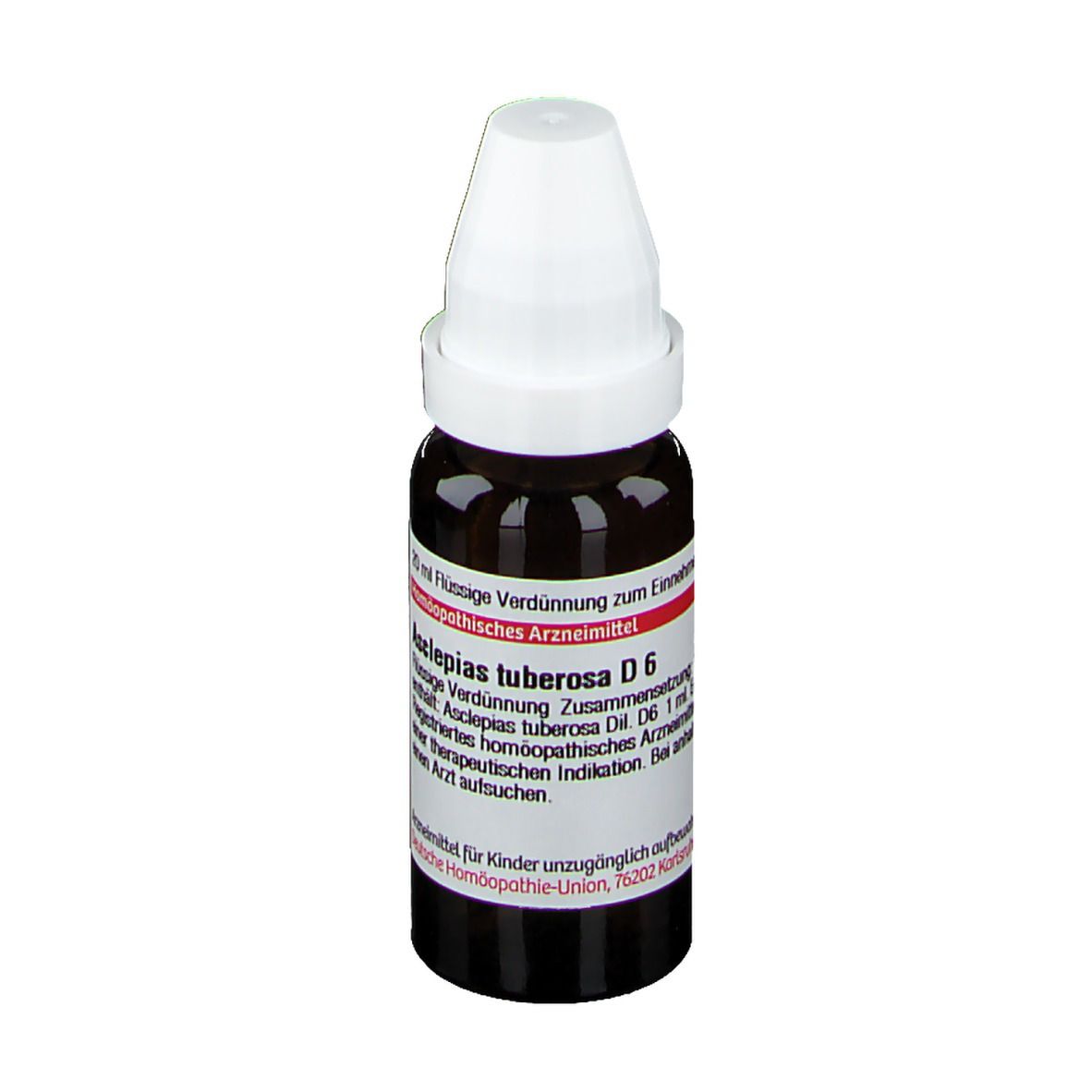 Braune Glasflasche mit weißem Verschluss. Etikett mit Produktinformationen. DHU Asclepias tuberosa D6.