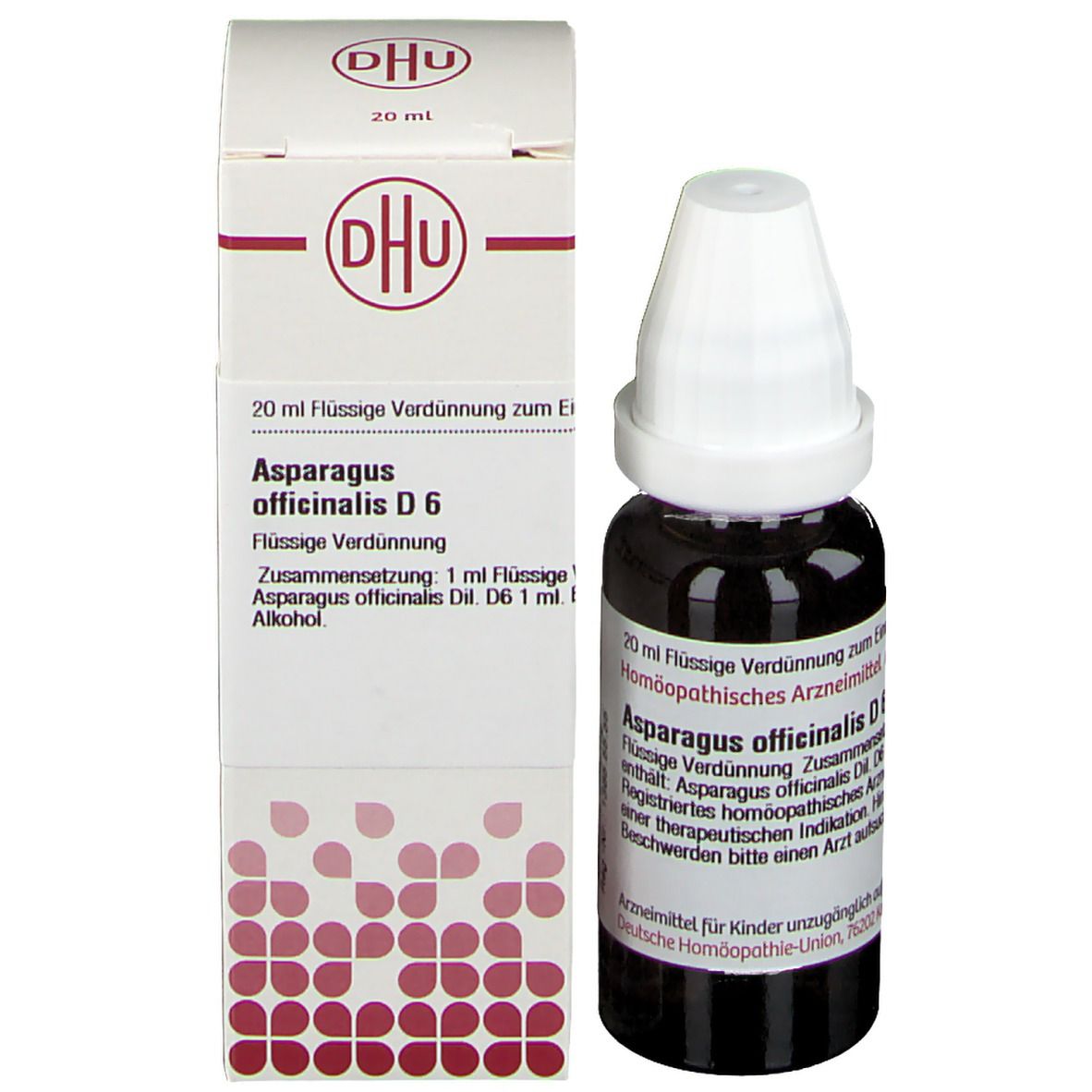 Tropfflasche und Verpackung. Beschriftung: DHU, Asparagus officinalis D6.