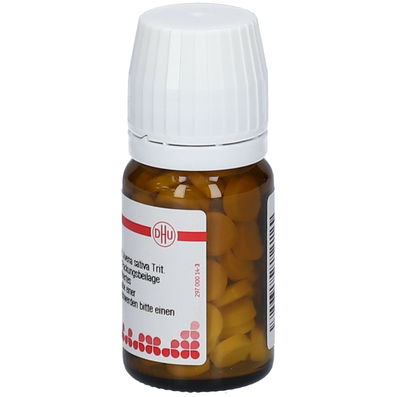 Braune Glasflasche mit weißem Deckel. Etikett mit Text: Avena sativa Trit. Enthält Tabletten. DHU Logo.