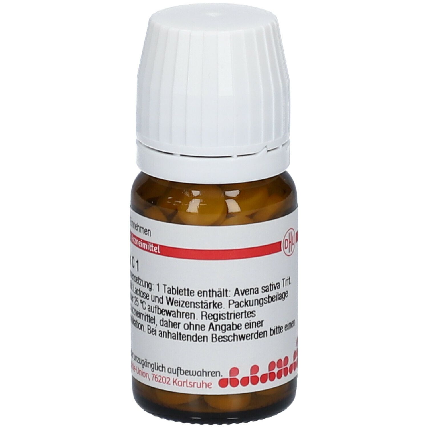 Braune Glasflasche mit weißem Deckel. Etikett mit Text: Avena sativa C 1, 80 Tabletten. Homöopathisches Arzneimittel.