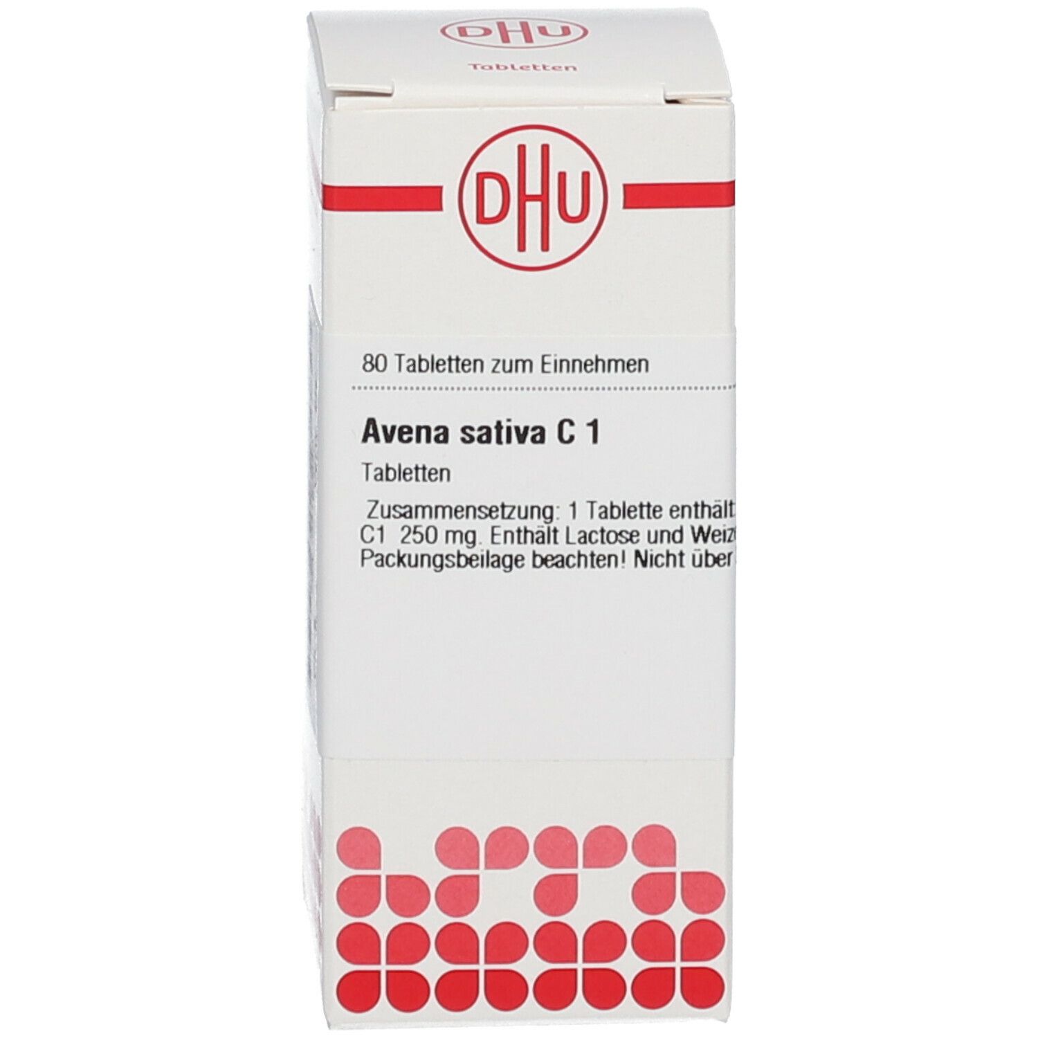 Weiße Schachtel mit Text: Avena sativa C 1, 80 Tabletten. DHU Logo. Homöopathisches Arzneimittel.