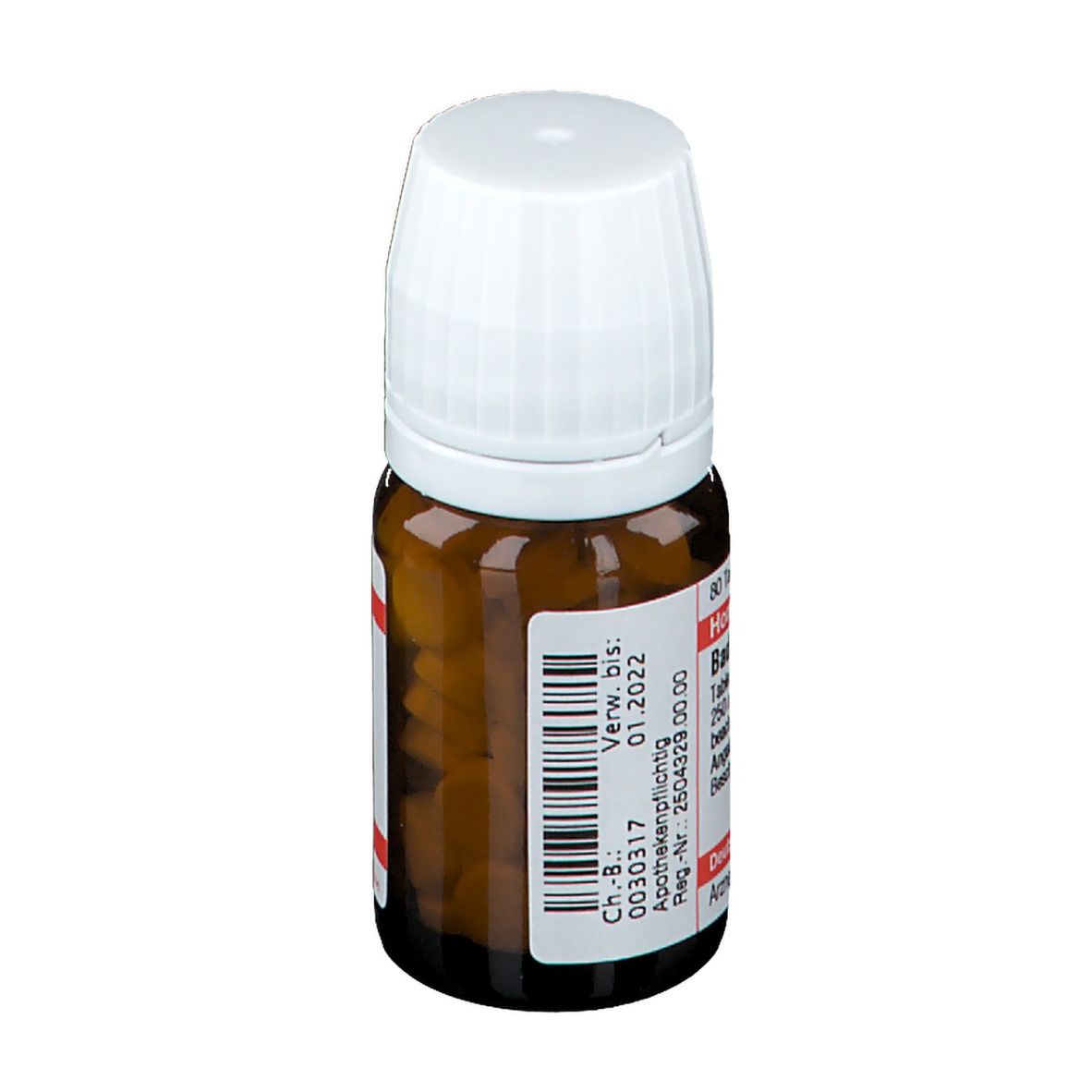 Braune Glasflasche mit weißem Deckel. Etikett mit Produktinformationen. Homöopathisches Arzneimittel.