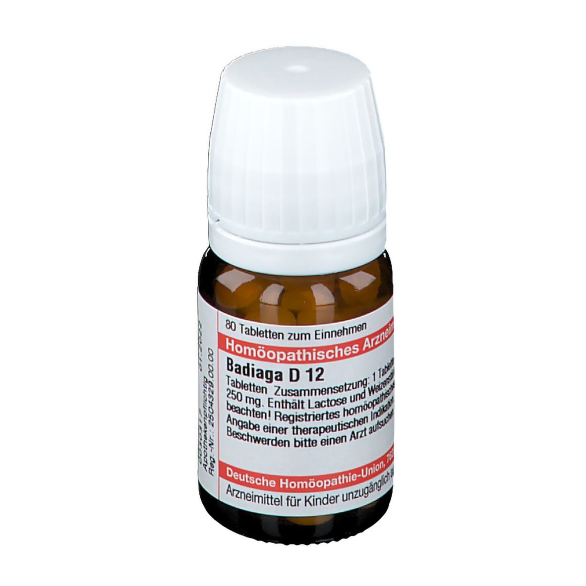 Braune Glasflasche mit weißem Deckel. Etikett mit Produktinformationen. Homöopathisches Arzneimittel.