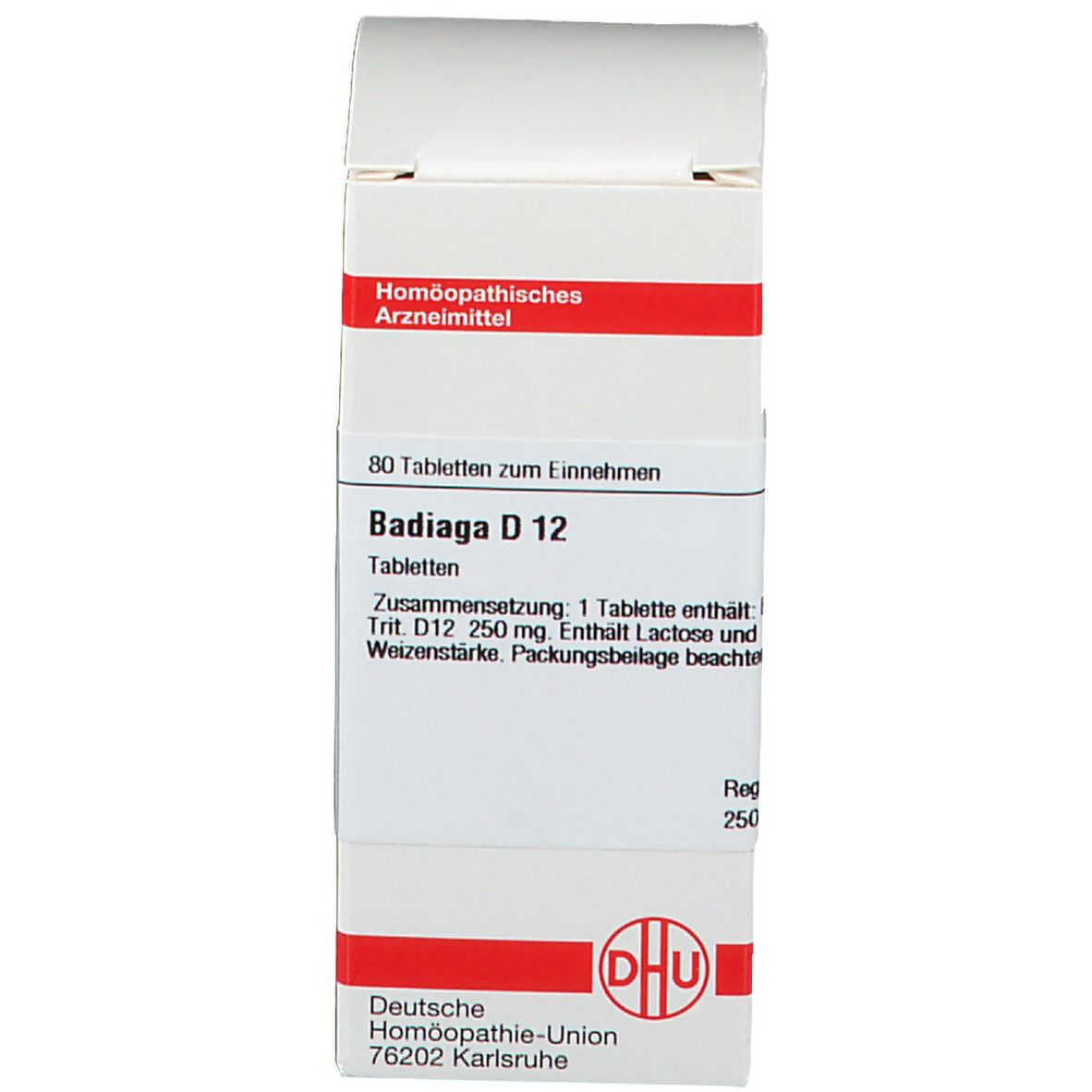 Weißer Karton mit roter Schrift. Aufschrift: Homöopathisches Arzneimittel. Produktinformationen.