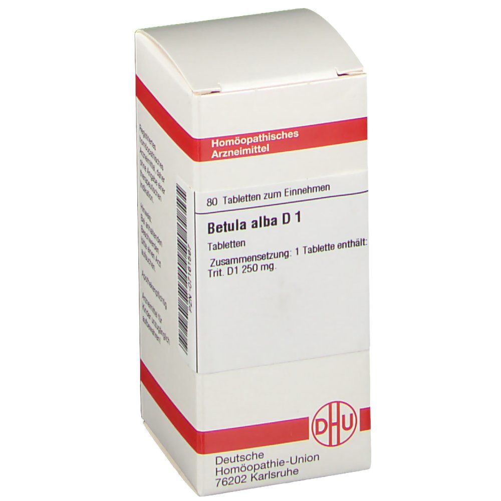 Weiße Schachtel mit roter Linie. Beschriftung: Betula alba D1, 80 Tabletten, DHU Logo. Text: Tabletten zum Einnehmen.