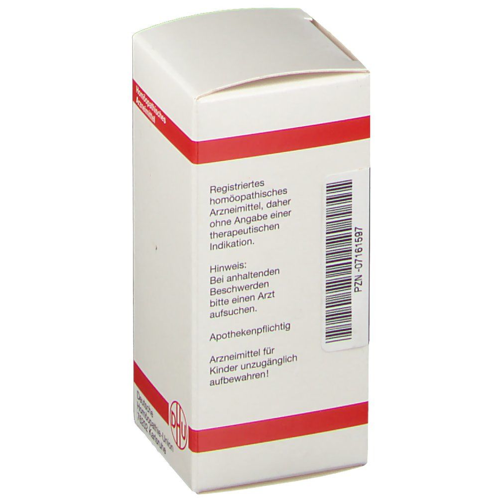 Weiße Schachtel mit roter Linie. Text: Registriertes homöopathisches Arzneimittel. Apothekenpflichtig. DHU Logo.