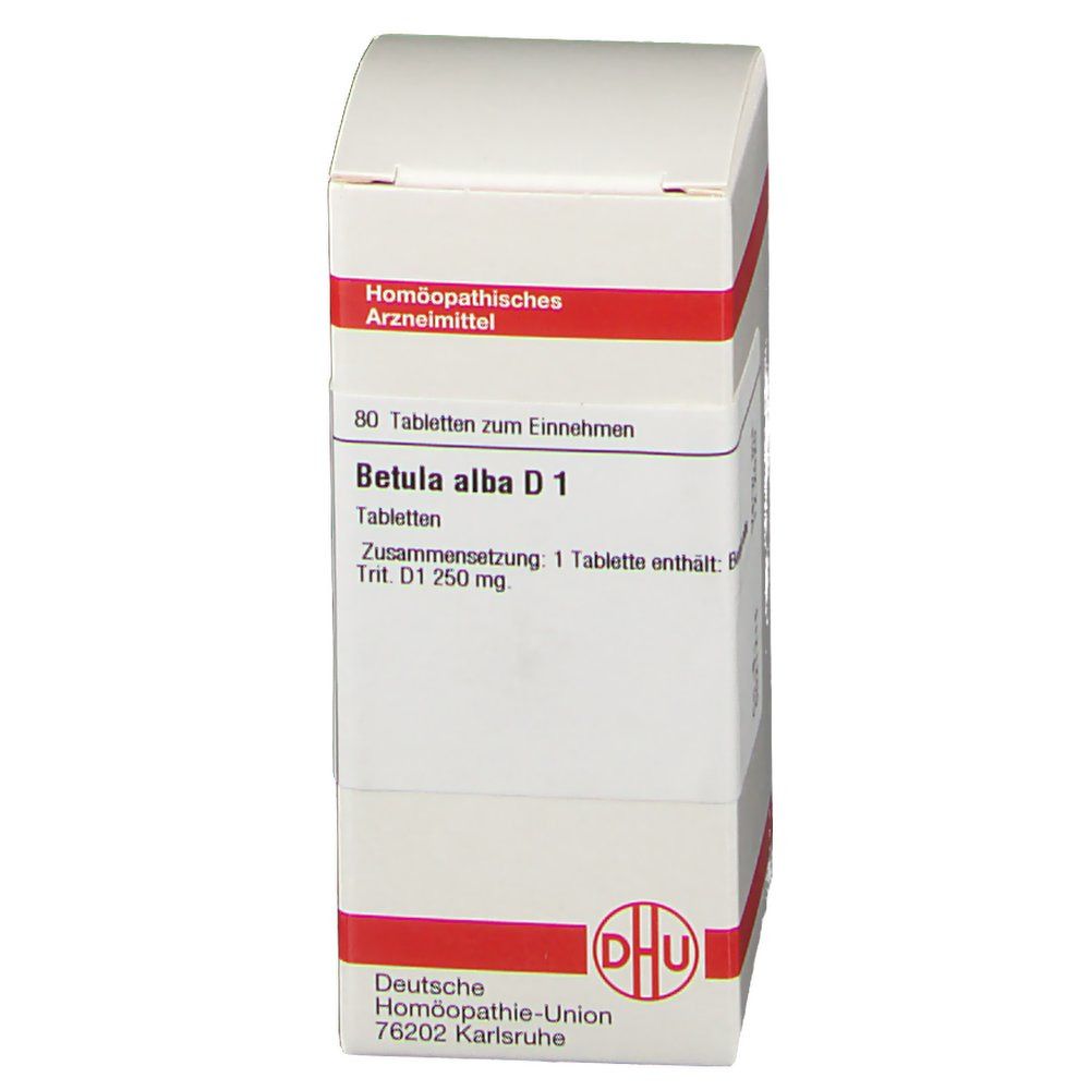 Weiße Schachtel mit roter Linie. Beschriftung: Betula alba D1, 80 Tabletten, DHU Logo. Text: Tabletten zum Einnehmen.