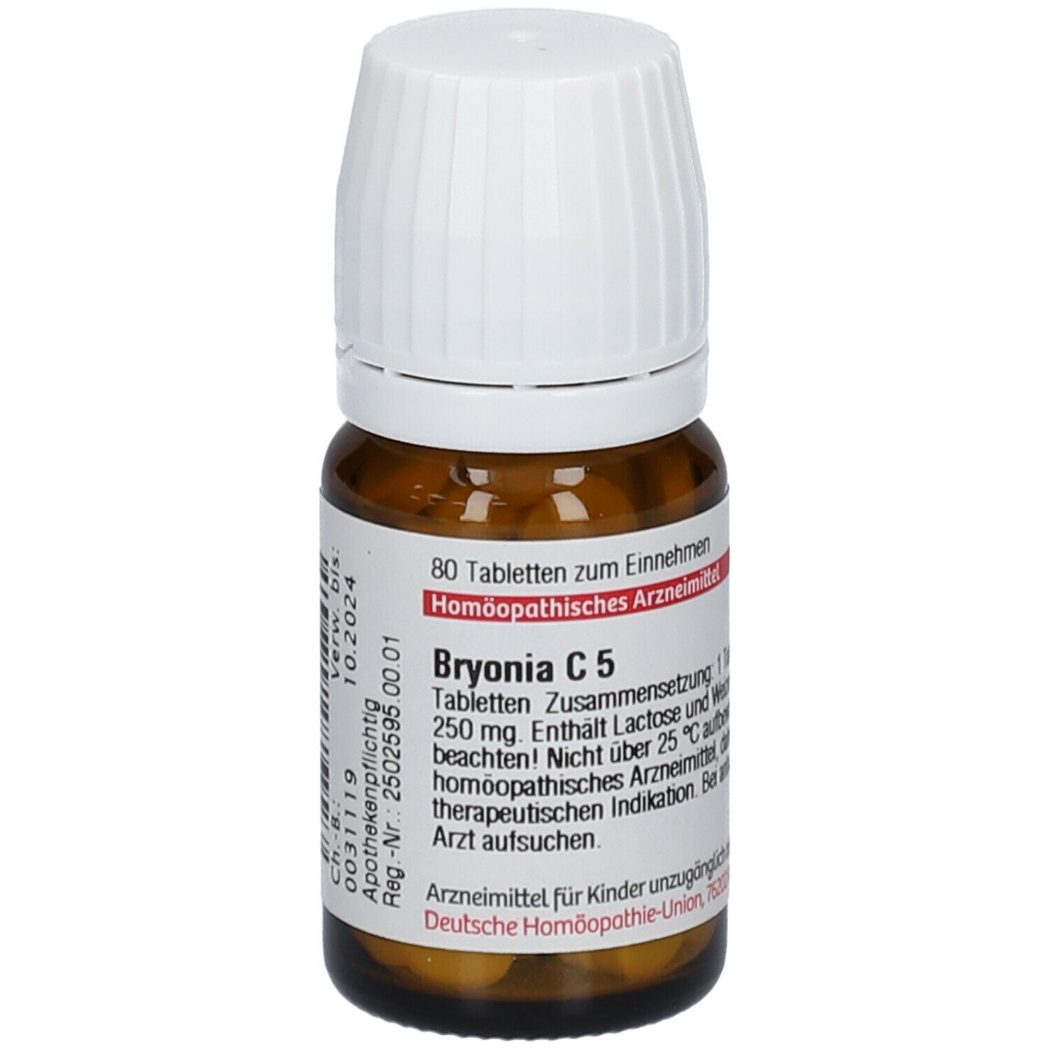 Braune Glasflasche mit weißem Deckel. Etikett mit Text. Enthält Tabletten. 80 Tabletten zum Einnehmen.