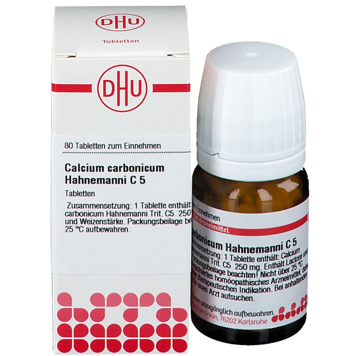 Produktverpackung und Flasche. Weiße Schachtel mit DHU-Logo und Produktinformationen. Braune Flasche mit Tabletten.