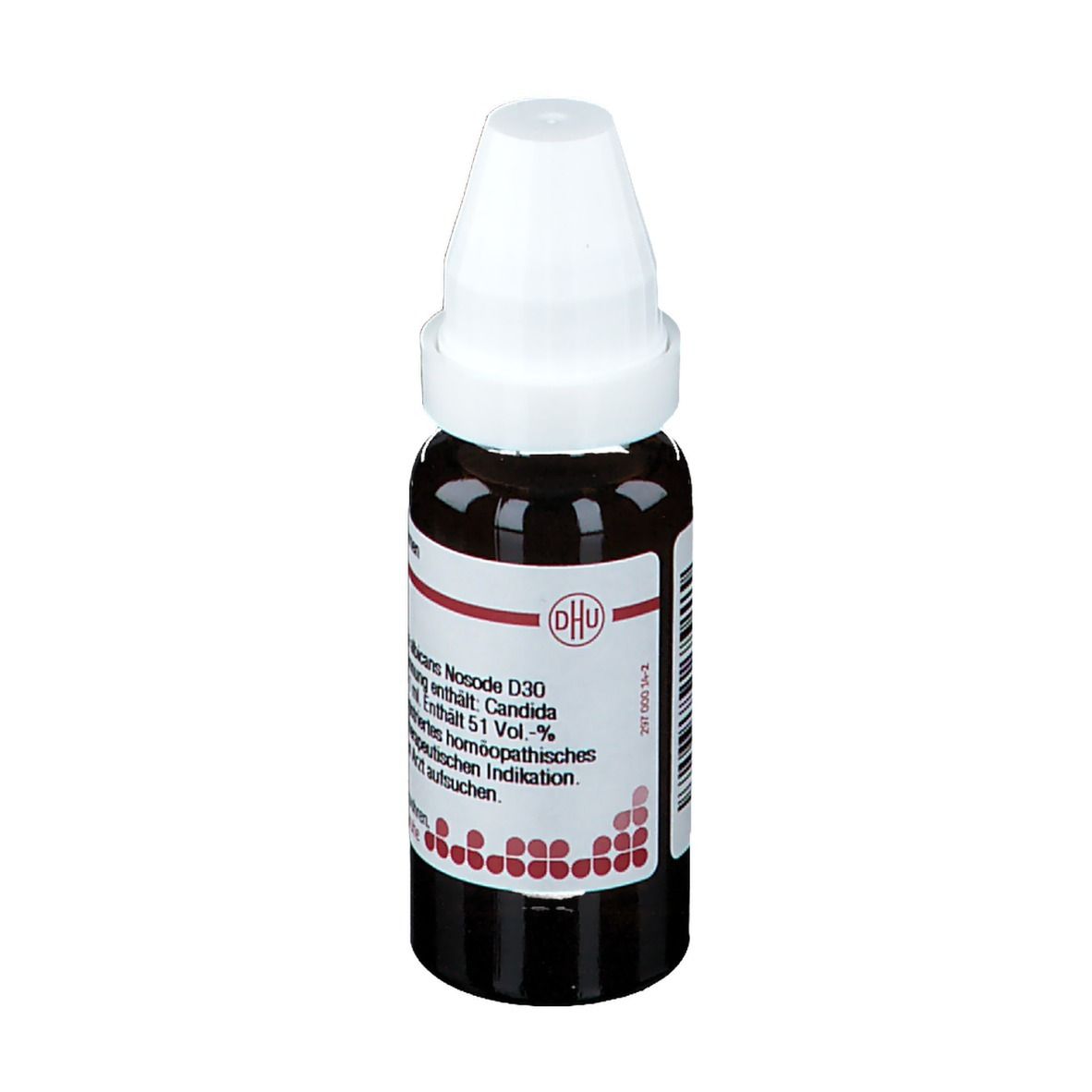 Braune Glasflasche mit weißem Verschluss. Etikett mit Text: Candida albicans D30, 20 ml Flüssige Verdünnung.