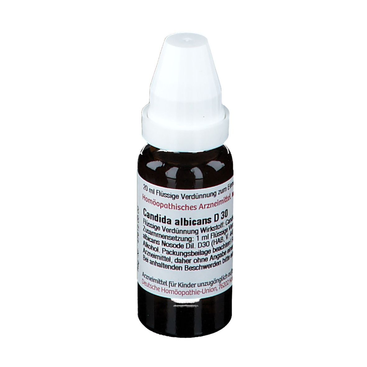 Braune Glasflasche mit weißem Verschluss. Etikett mit Text: Candida albicans D30, 20 ml Flüssige Verdünnung.