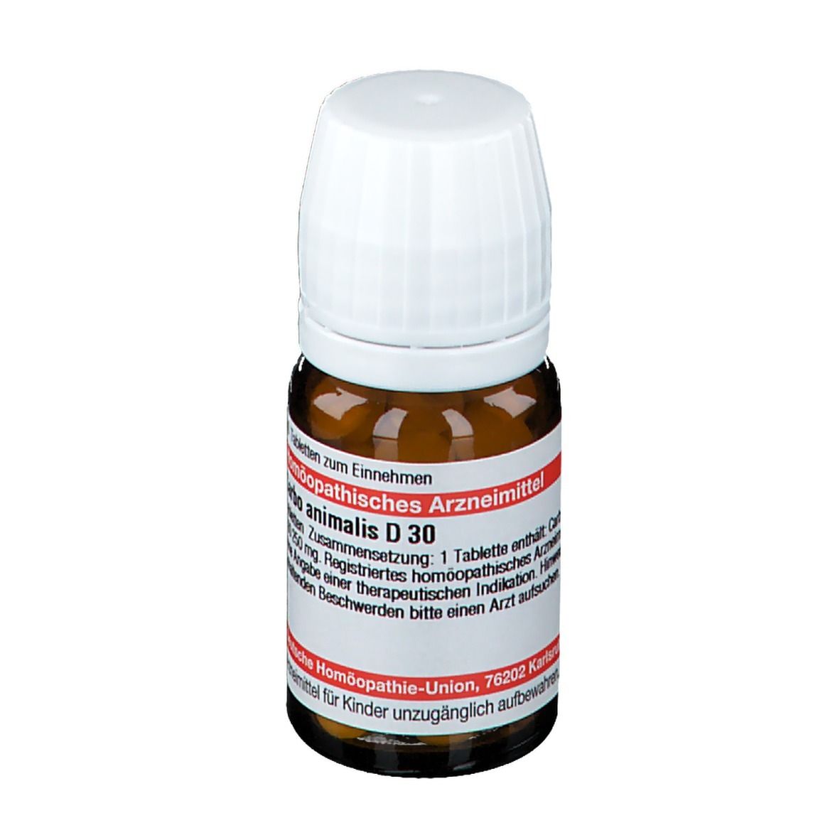 Braune Glasflasche mit weißem Deckel. Rotes Etikett mit Text: Carbo animalis D 30. Homöopathisches Arzneimittel.