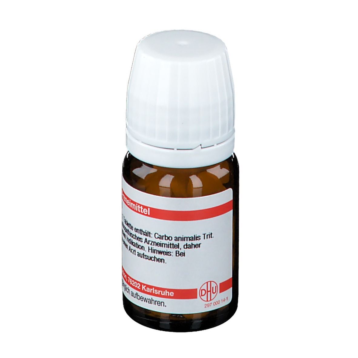 Braune Glasflasche mit weißem Deckel. Rotes Etikett mit Text: Carbo animalis. Homöopathisches Arzneimittel. DHU Logo.