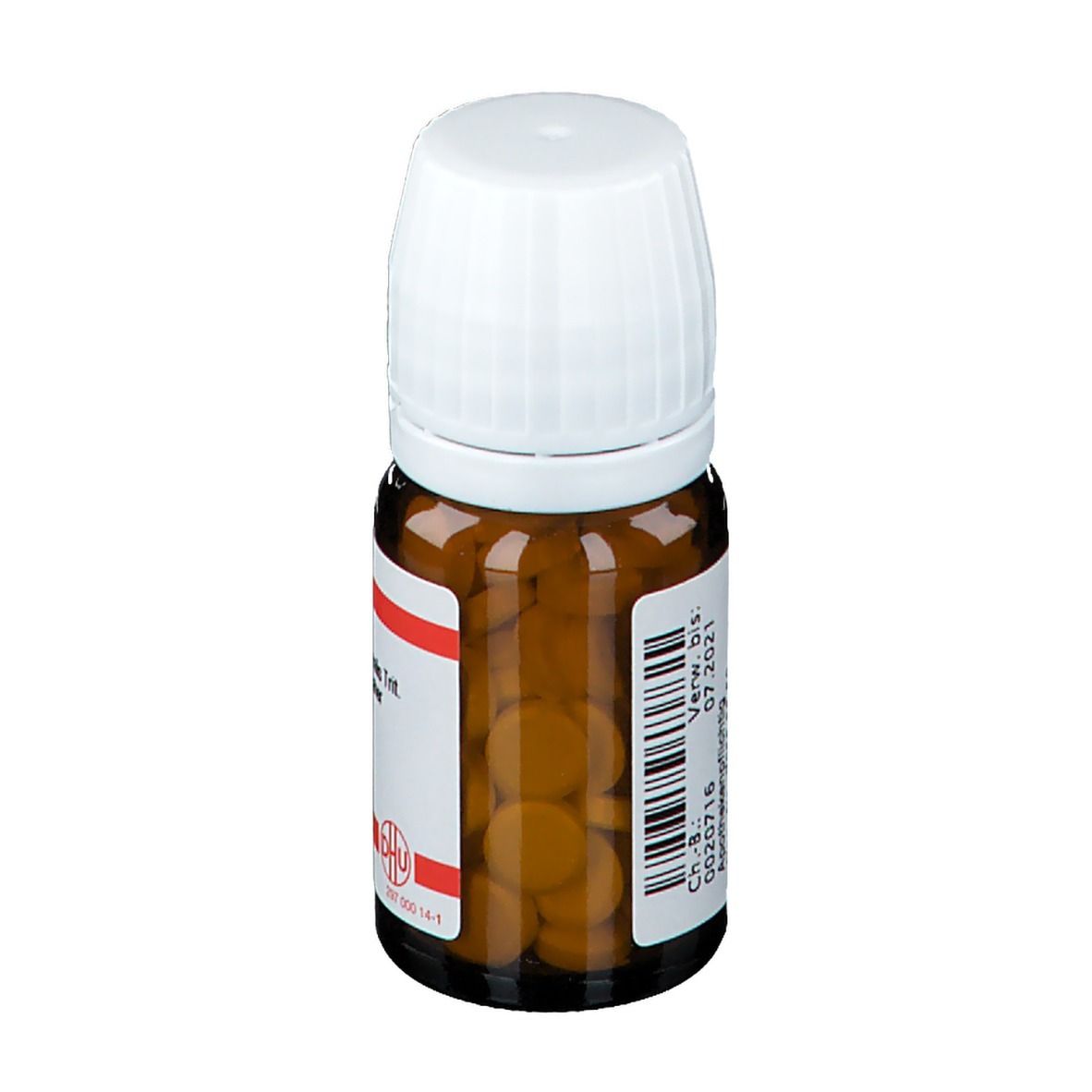 Braune Glasflasche mit weißem Deckel, gefüllt mit Tabletten. Rotes Etikett mit Text: Carbo animalis D 30. DHU Logo.