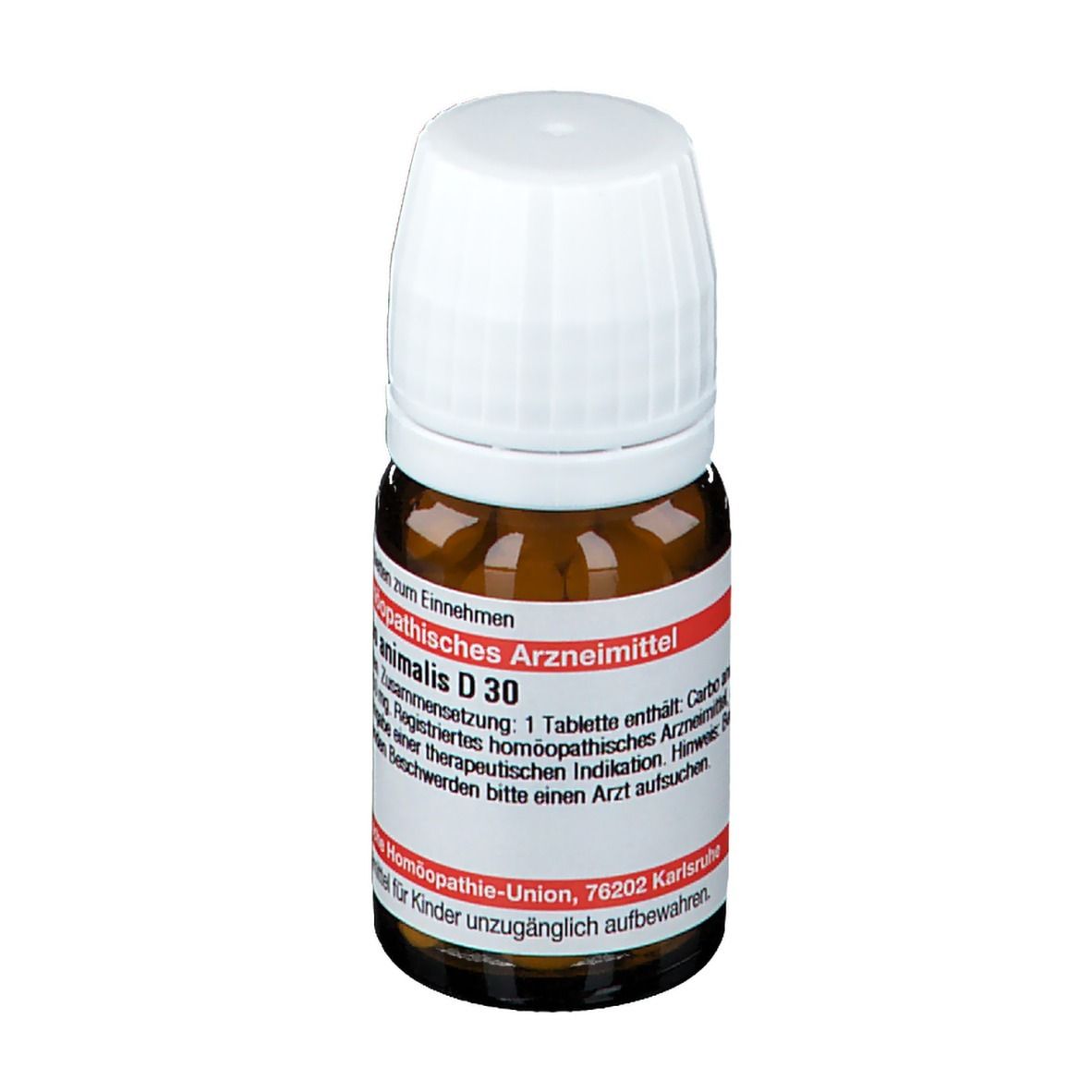 Braune Glasflasche mit weißem Deckel. Rotes Etikett mit Text: Carbo animalis D 30. Homöopathisches Arzneimittel. DHU Logo.