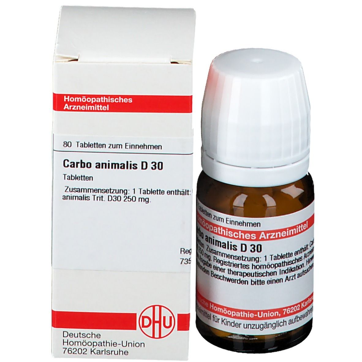 Braune Glasflasche und Karton. Karton mit Text: Carbo animalis D 30. Homöopathisches Arzneimittel. DHU Logo.
