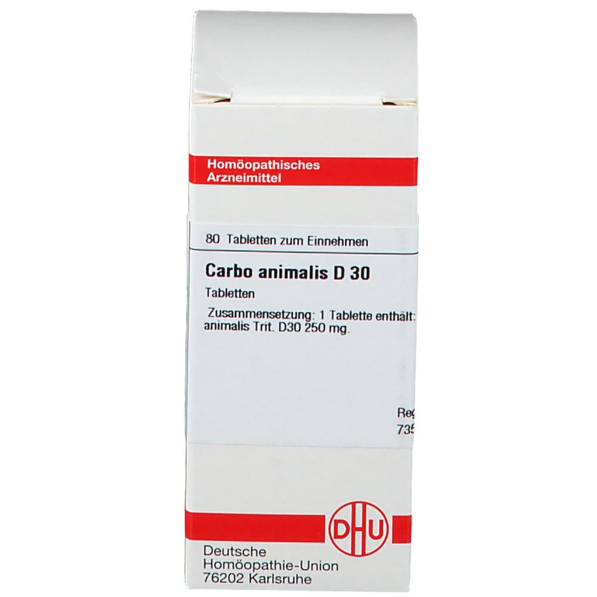 Weißer Karton mit Text: Carbo animalis D 30. Homöopathisches Arzneimittel. DHU Logo.