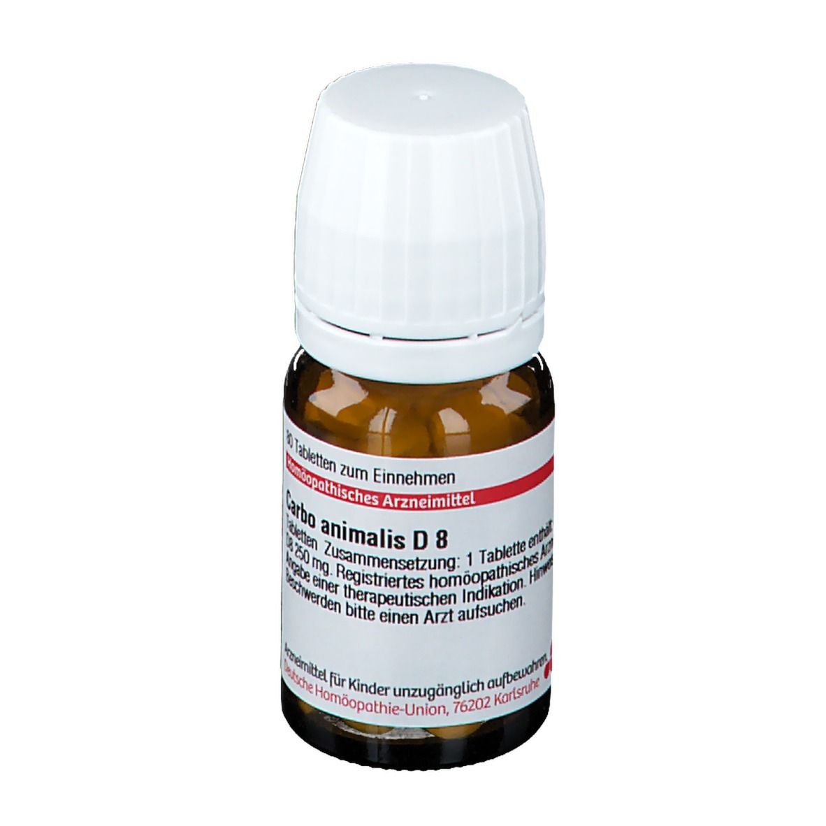 Braune Glasflasche mit weißem Deckel. Etikett mit Text, darunter '80 Tabletten'. DHU Carbo animalis D8.