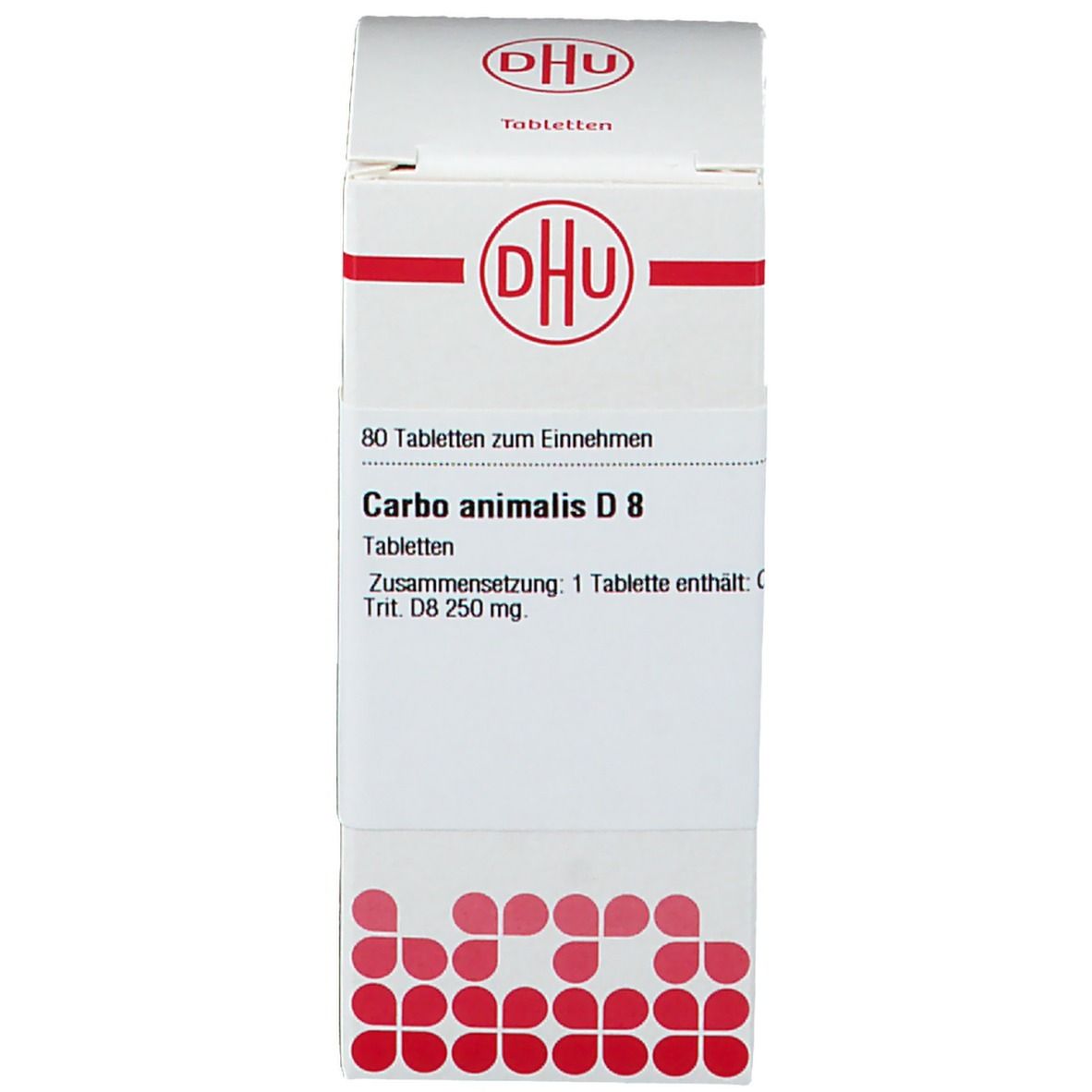 Weiße Schachtel mit rotem Logo 'DHU' und Text. Aufschrift 'Carbo animalis D8', 80 Tabletten.