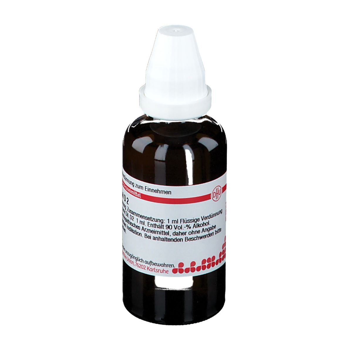 Braune Glasflasche mit weißem Verschluss. Etikett mit Produktinformationen. Aufschrift: Carum carvi D2.