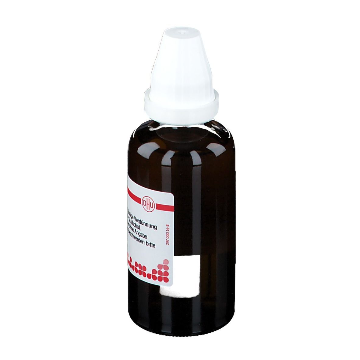 Braune Glasflasche mit weißem Verschluss. Etikett mit Produktinformationen. Aufschrift: Carum carvi D2.