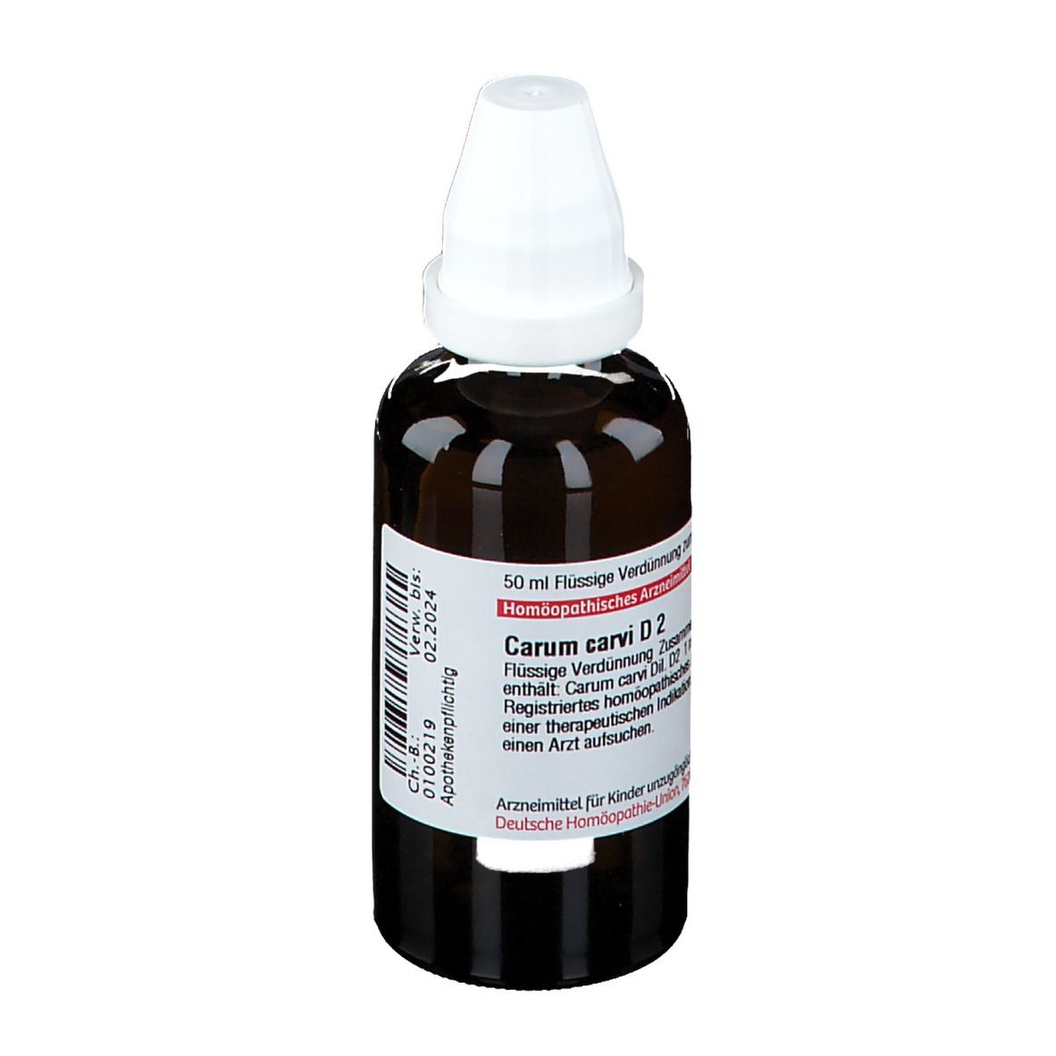 Braune Glasflasche mit weißem Verschluss. Etikett mit Produktinformationen. Aufschrift: Carum carvi D2.