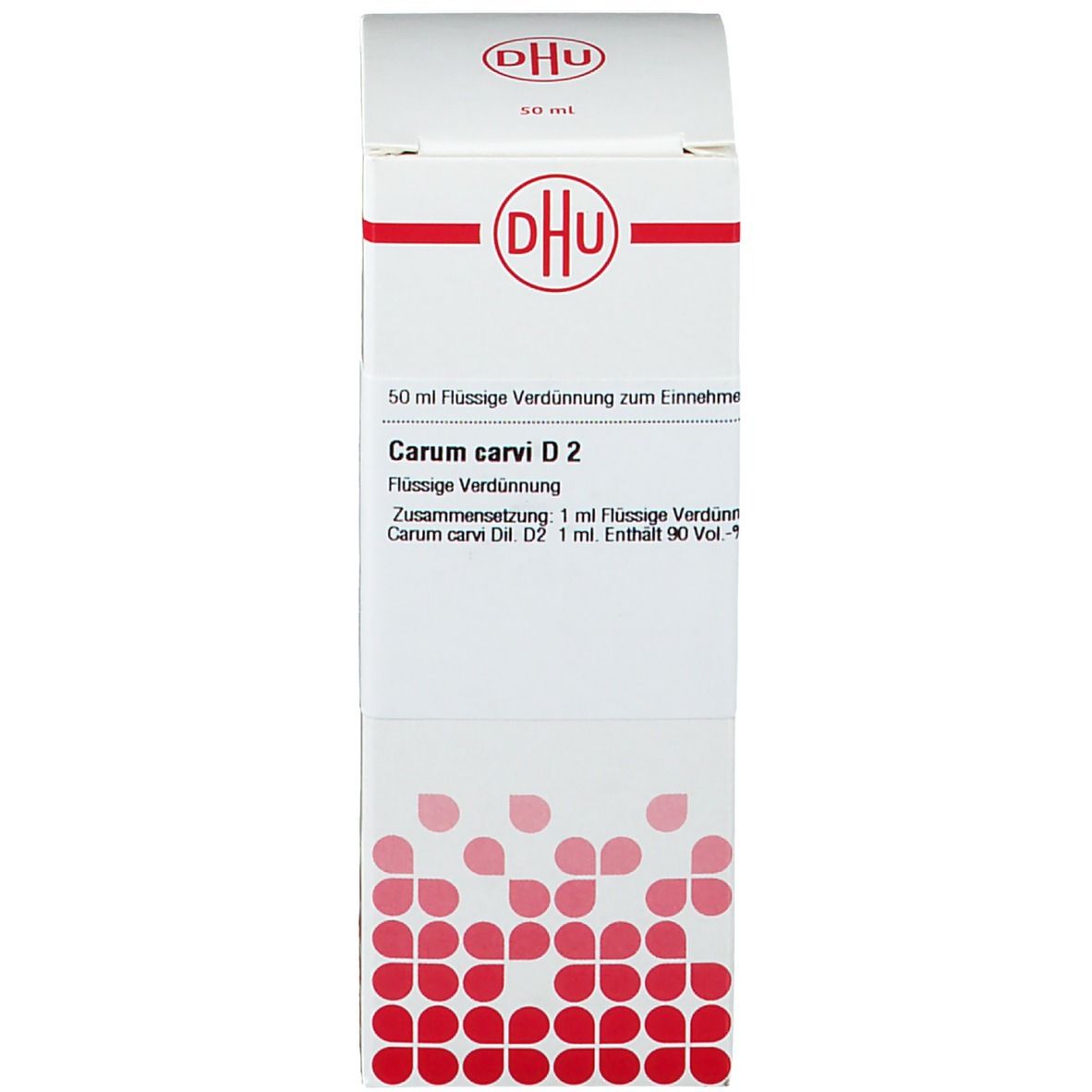 Weiße Verpackung mit roter Schrift und Logo. Aufschrift: Carum carvi D2. Produktname und Marke deutlich sichtbar.