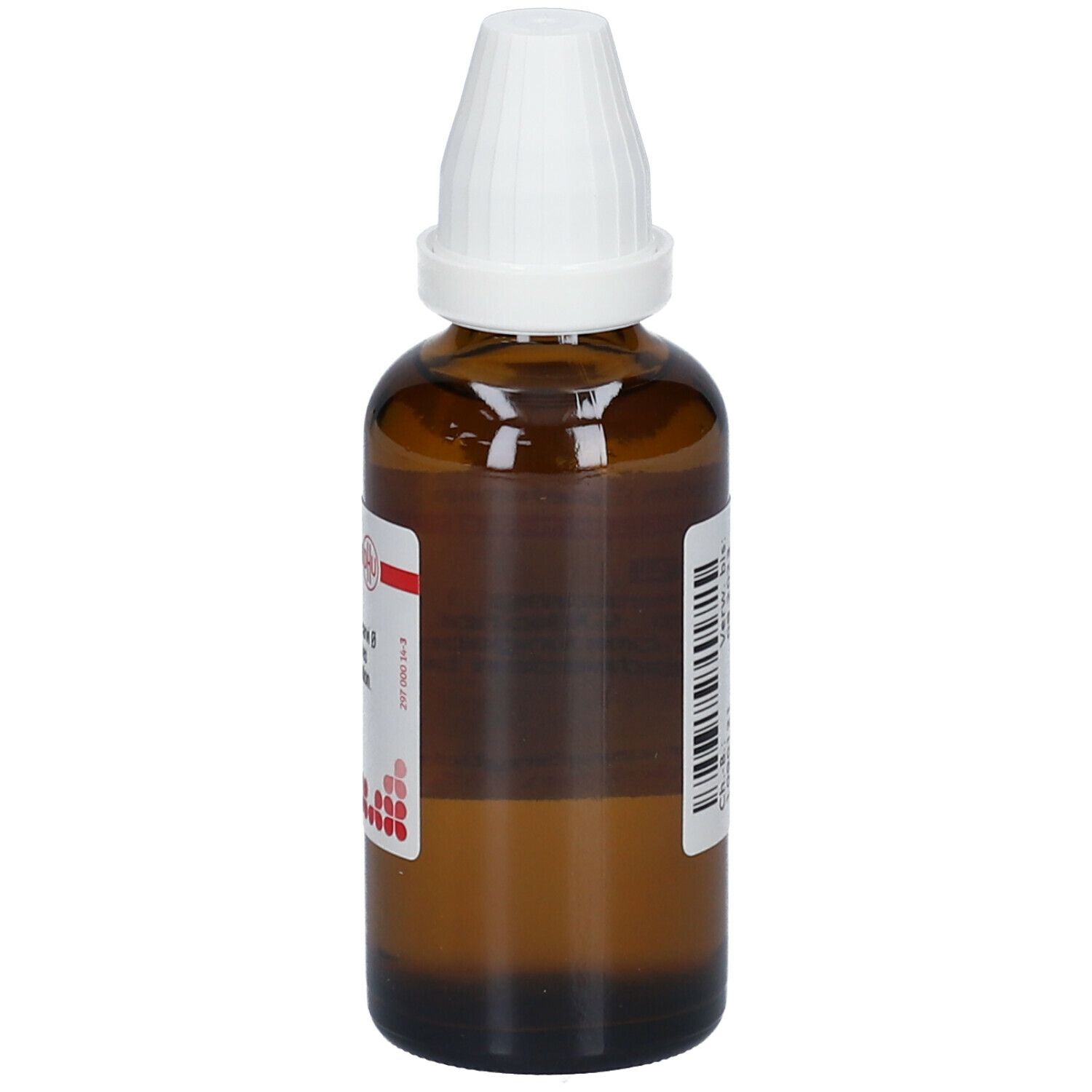 Braune Glasflasche mit weißem Verschluss. Etikett mit Text. Apothekenpflichtig.