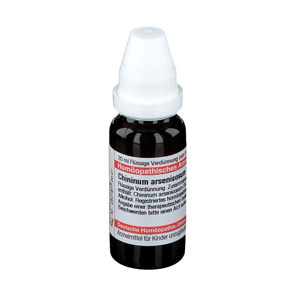 Braune Tropfflasche mit weißem Verschluss. Beschriftung: Chininum arsenicosum, 20 ml. Deutsche Homöopathie-Union.