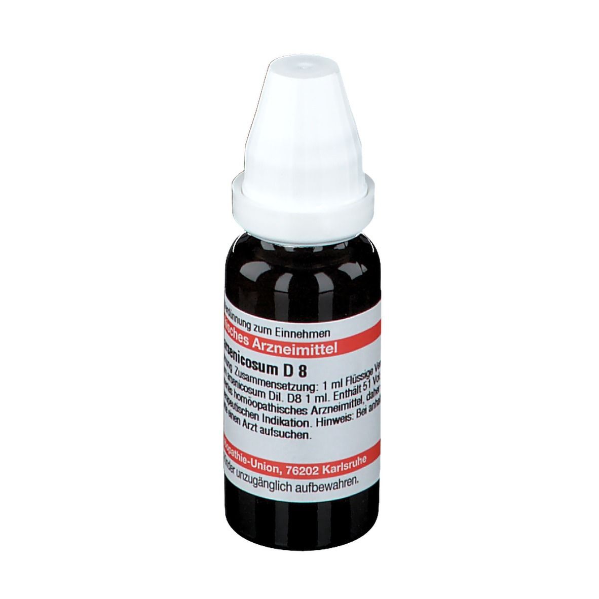 Braune Tropfflasche mit weißem Verschluss. Beschriftung: Chininum arsenicosum D8. Deutsche Homöopathie-Union.