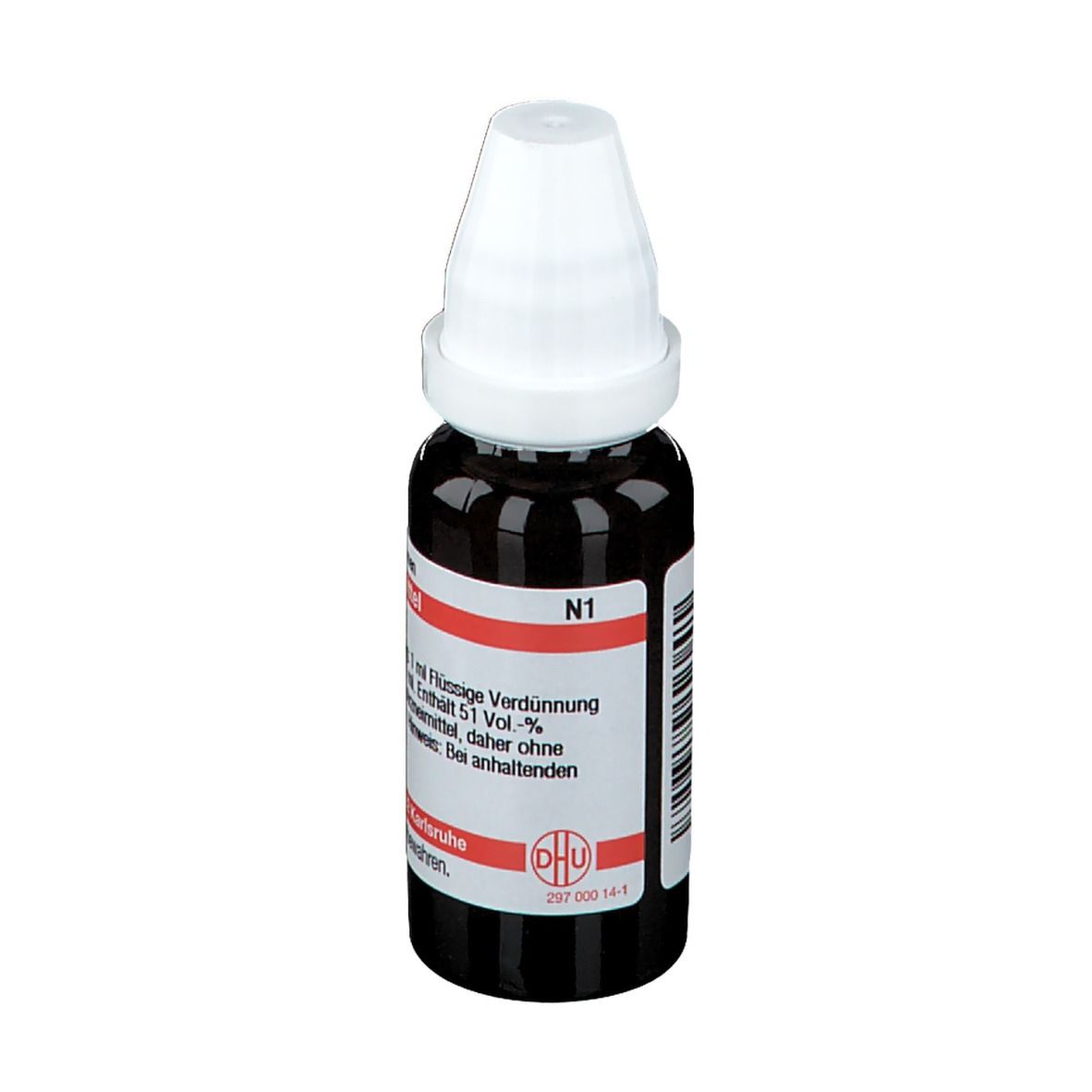 Braune Tropfflasche mit weißem Verschluss. Beschriftung: N1. Deutsche Homöopathie-Union. Etikett mit Produktinformationen.