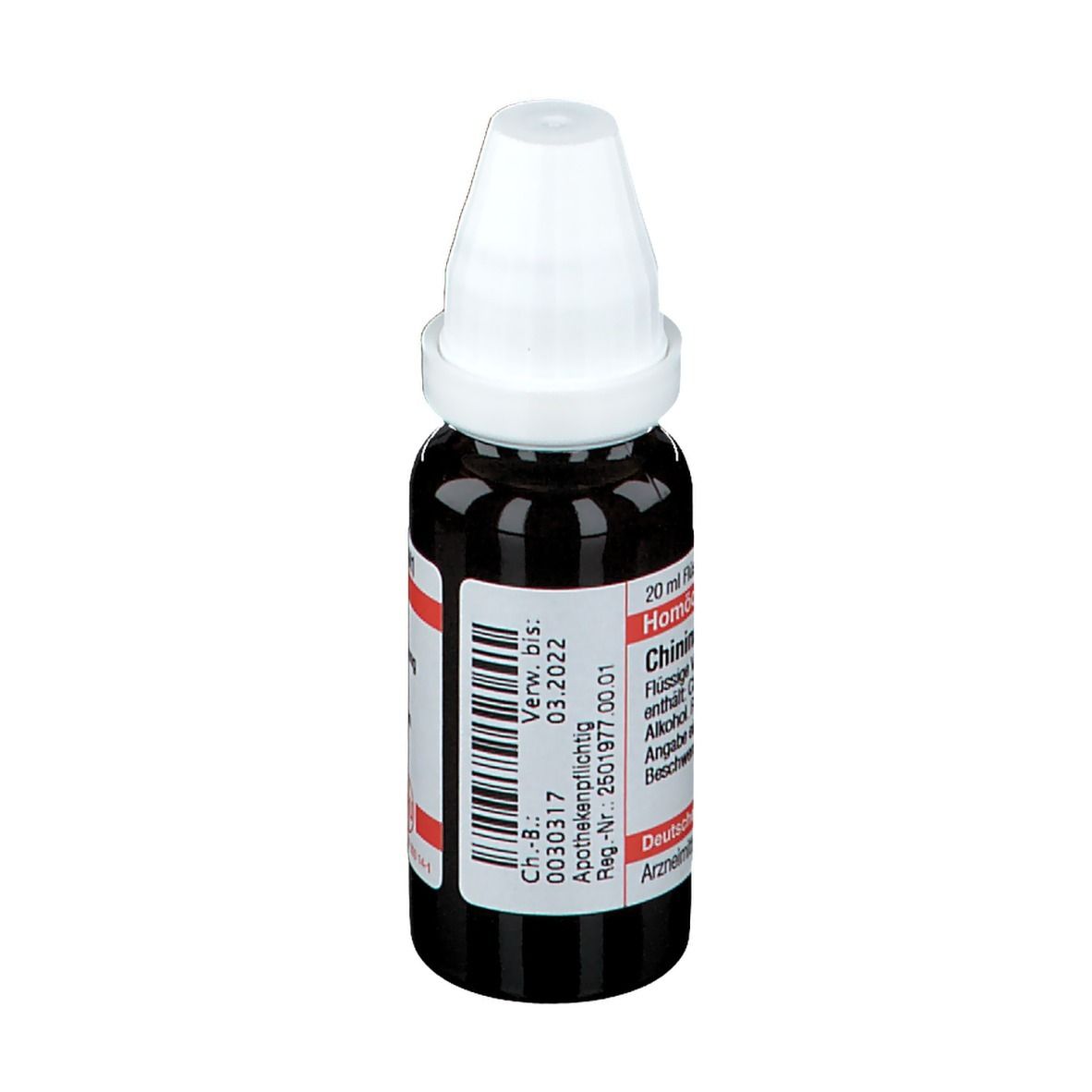Braune Tropfflasche mit weißem Verschluss. Beschriftung: Chininum arsenicosum. Etikett mit Verfallsdatum 03-2022.