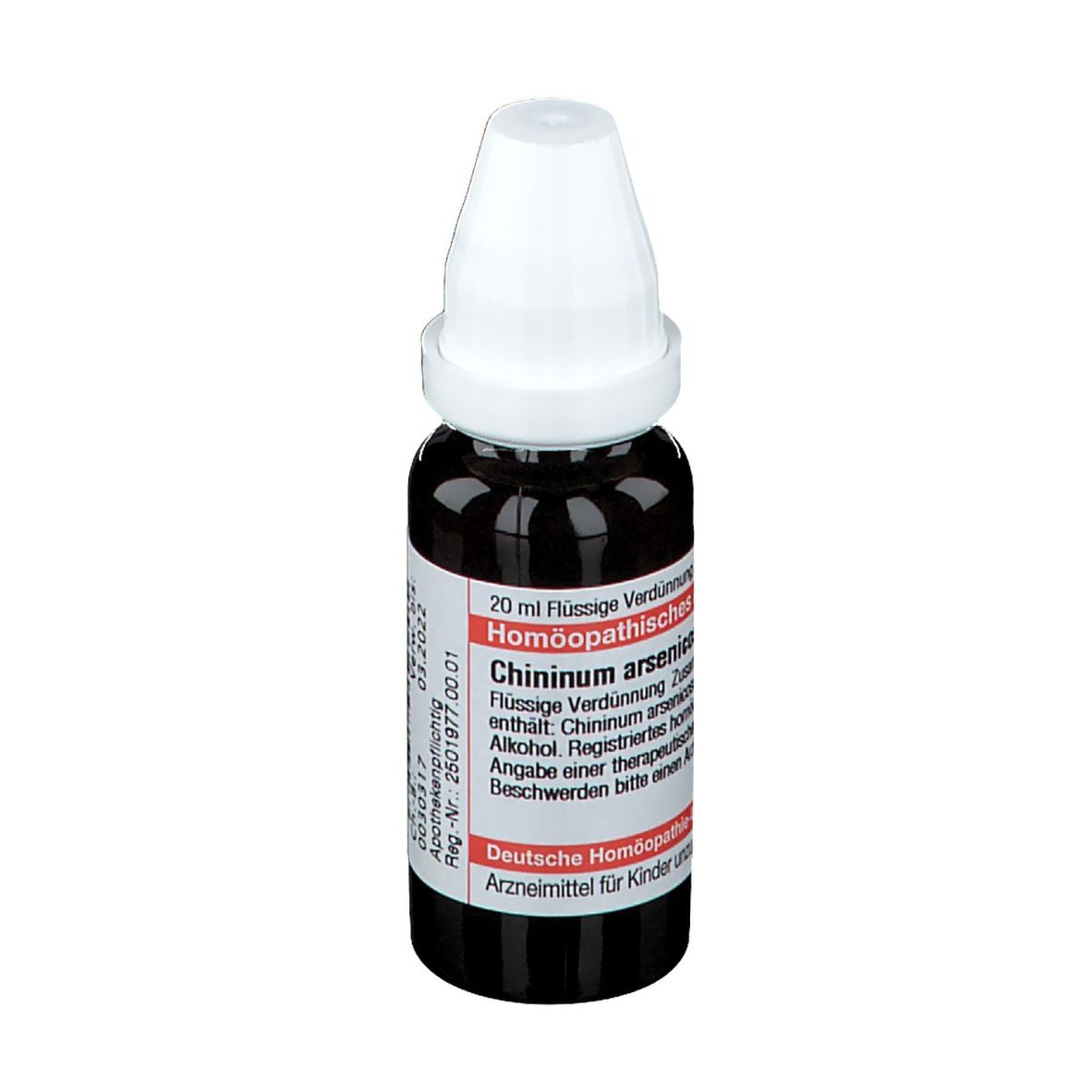 Braune Tropfflasche mit weißem Verschluss. Beschriftung: Chininum arsenicosum. Deutsche Homöopathie-Union. Etikett.