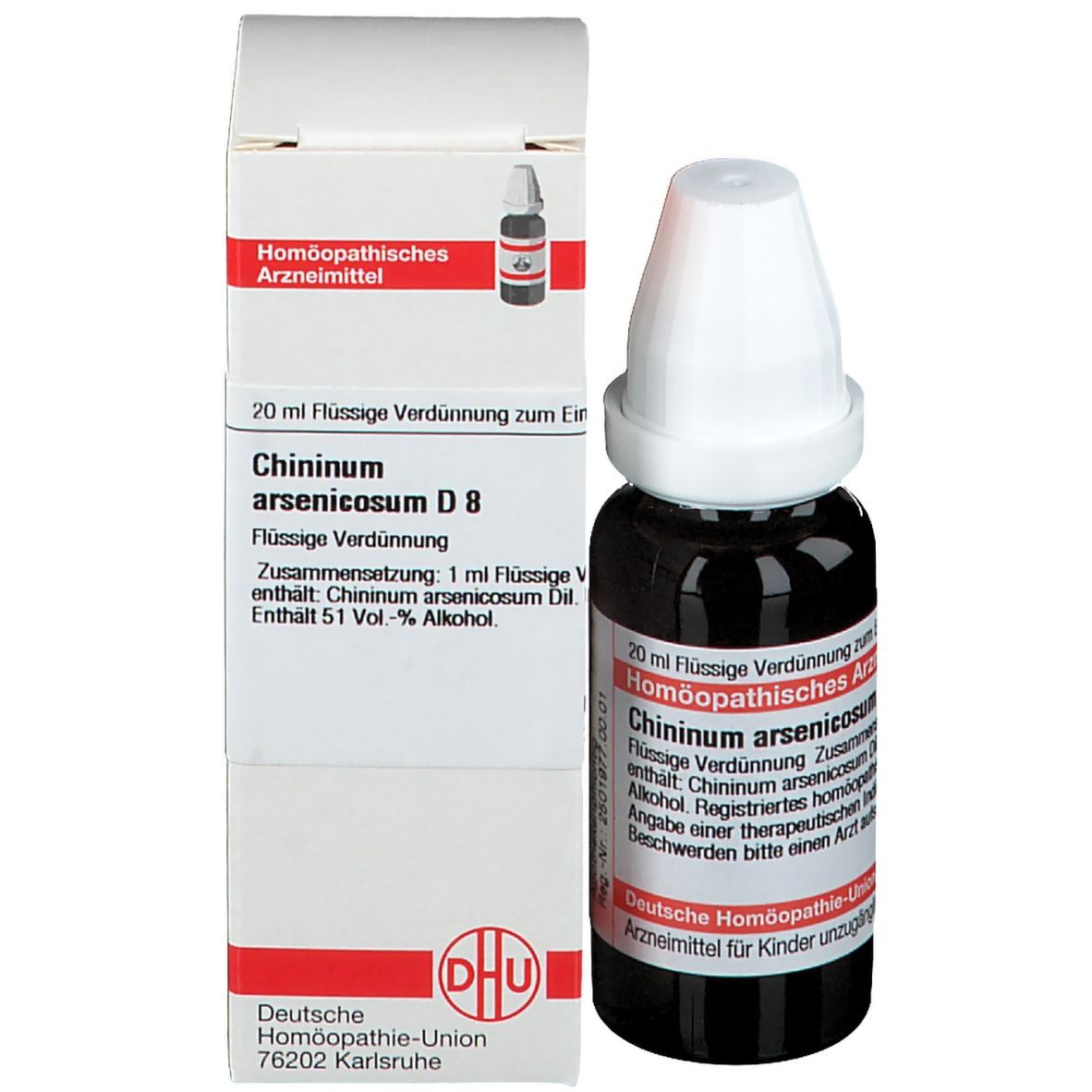 Produktverpackung und Flasche. Verpackung: weiß, Beschriftung: Chininum arsenicosum D8. Flasche: braun, Tropfflasche.