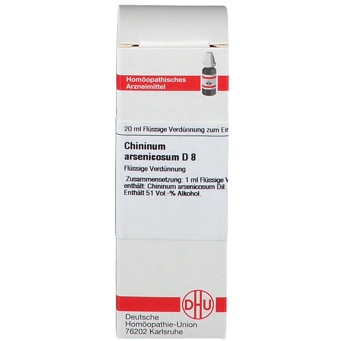 Produktverpackung und Flasche. Verpackung: weiß, Beschriftung: Chininum arsenicosum D8. Flasche: braun, Tropfflasche.
